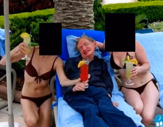 Ein Foto zeigt Stephen Hawking auf einer Sonnenliege neben zwei Frauen im Bikini.