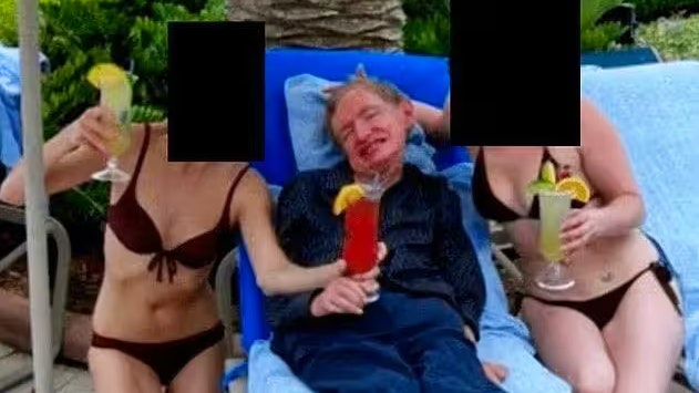 Ein Foto zeigt Stephen Hawking auf einer Sonnenliege neben zwei Frauen im Bikini.