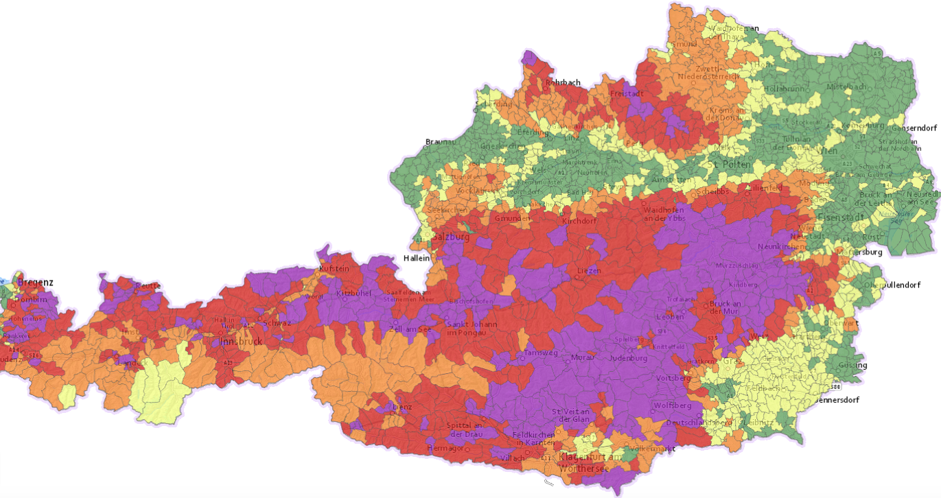 Violette und rote Markierungen zeigen besonders gefährdete Gebiete.