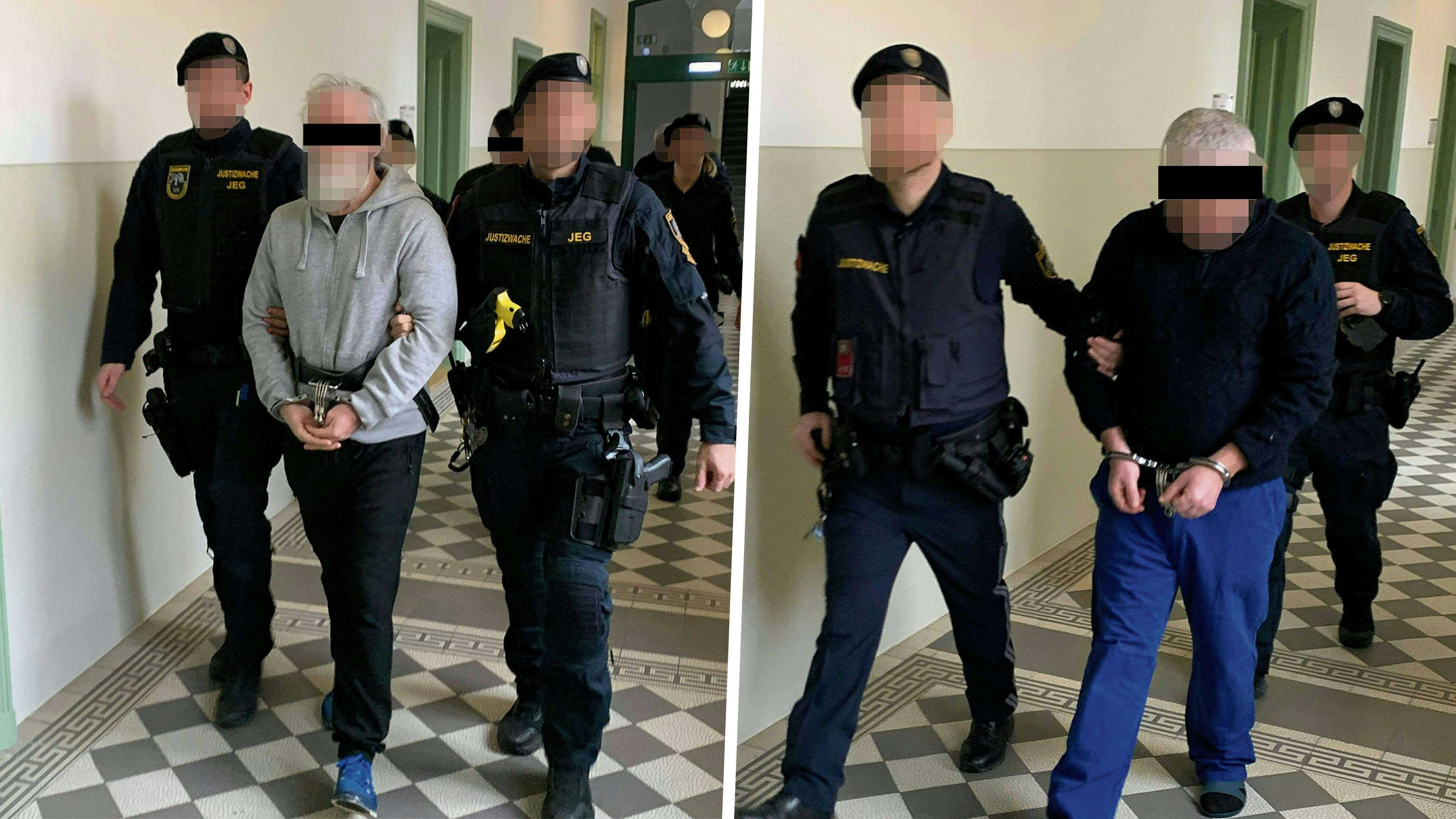 Die drei Angeklagten am Weg in den Gerichtssaal in St. Pölten