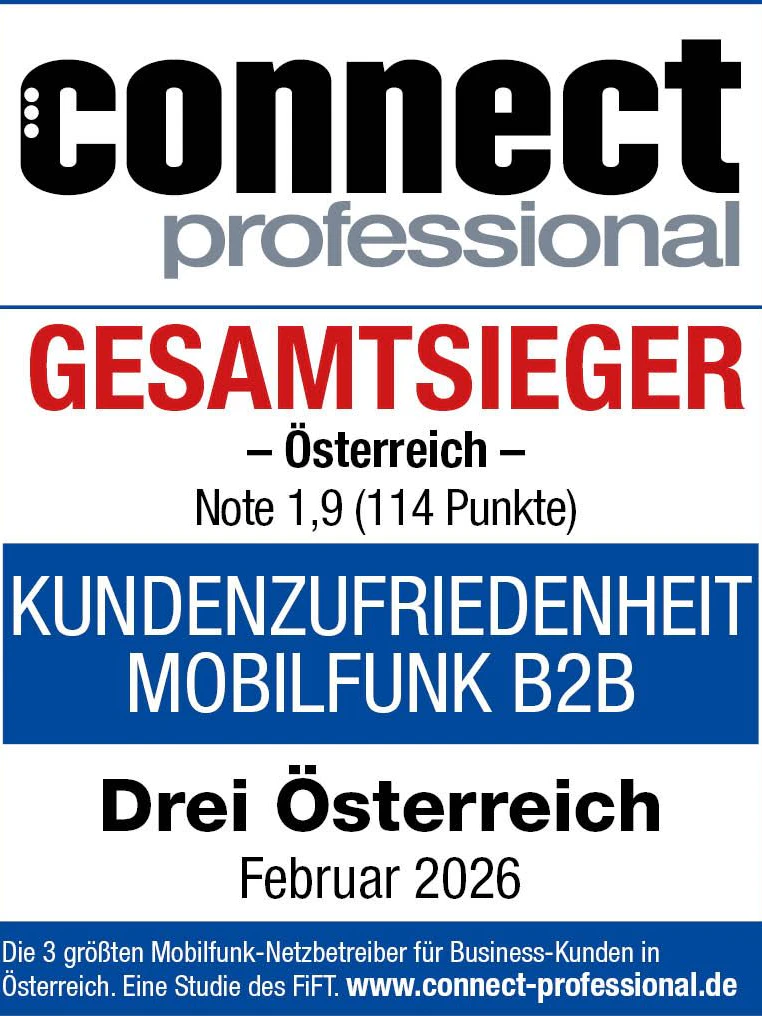 Connect Kundenbarometer: Drei erneut beliebtester Business-Mobilfunkanbieter in Österreich.