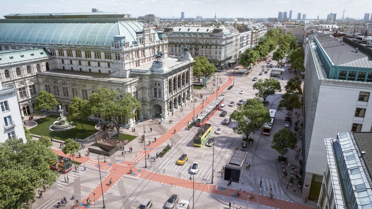 Das Rendering des ÖAMTC-Projektes "Platz für alle am Ring" zeigt eine Verkehrslösung für den Ringbereich des Schwarzenbergplatzes.