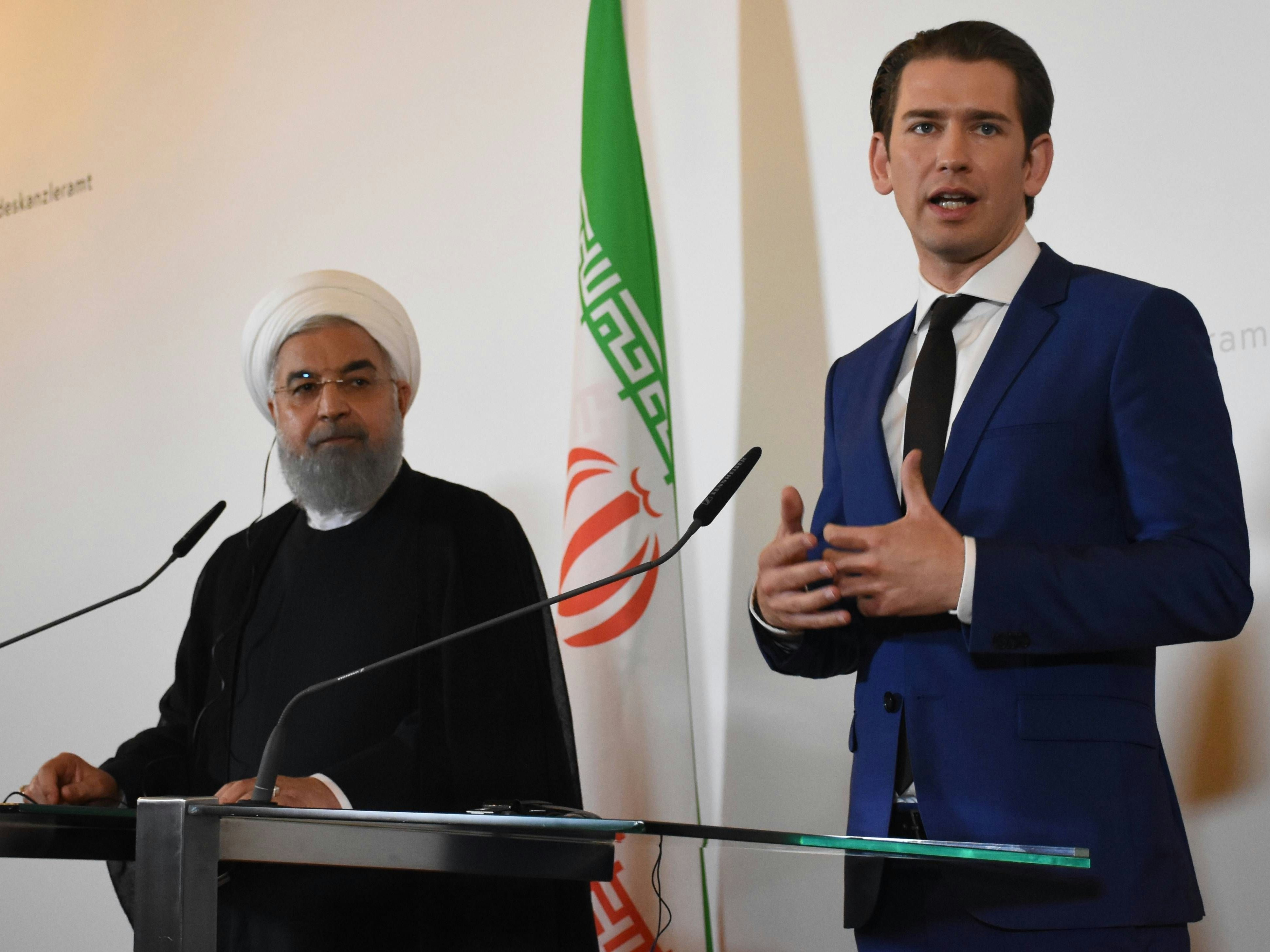 Hatte als Kanzler mit dem Iran zu tun: Kurz mit Ex-Präsident&nbsp;Hassan Rohani bei einer <a target="_blank" rel="nofollow" href="https://www.bundeskanzleramt.gv.at/bundeskanzleramt/nachrichten-der-bundesregierung/2017-2018/bundeskanzler-kurz-empfing-den-iranischen-prasidenten-rohani.html">gemeinsamen Pressekonferenz in Wien</a> am 4. Juli 2018.