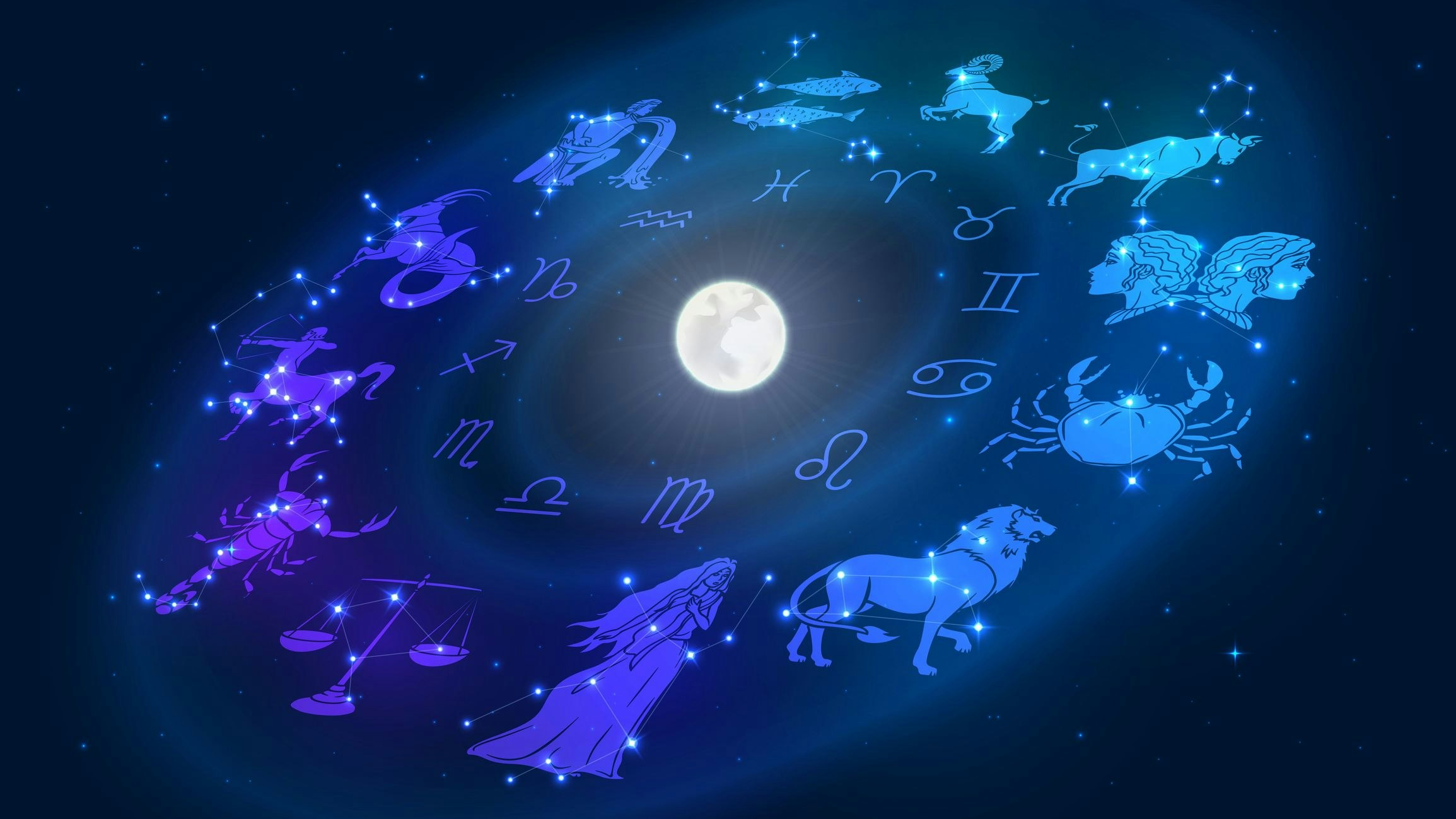 Zodiac signs revolve around the moon in space, astrology and horoscope
