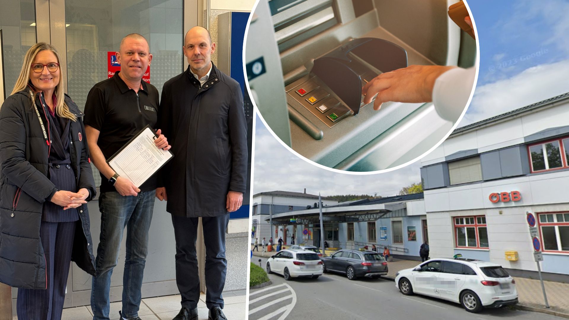 Bundesrätin Claudia Hauschildt-Buschberger (Grüne), Restaurantbetreiber Christian Frickh und der Grüne Landtagsabgeordnete Rudi Hemetsberger plädieren dafür, dass der Bahnhof Vöcklabruck wieder einen Bankomat bekommt. (Symbolbild)