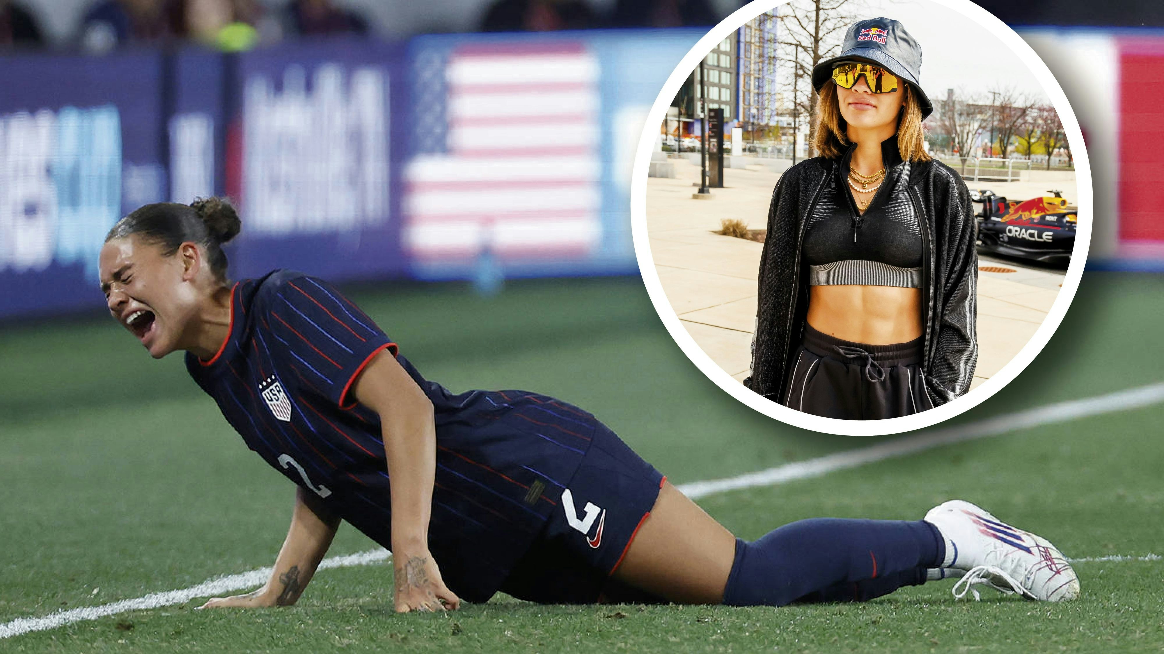 Trinity Rodman krümmst sich vor Schmerzen.