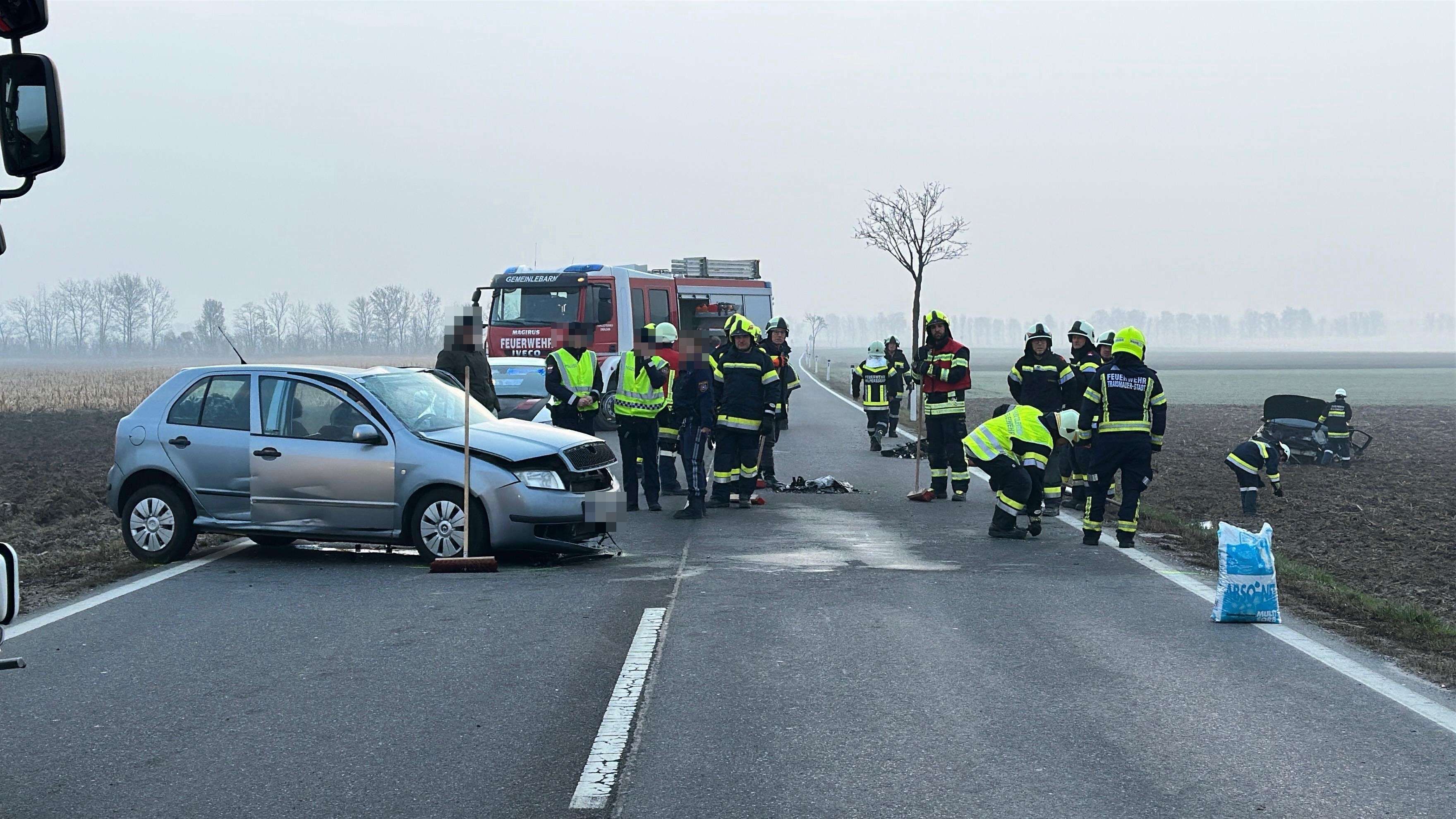Einsatzkräfte an der Unfallstelle bei Stollhofen. Ein Pkw wurde auf das angrenzende Feld geschleudert.
