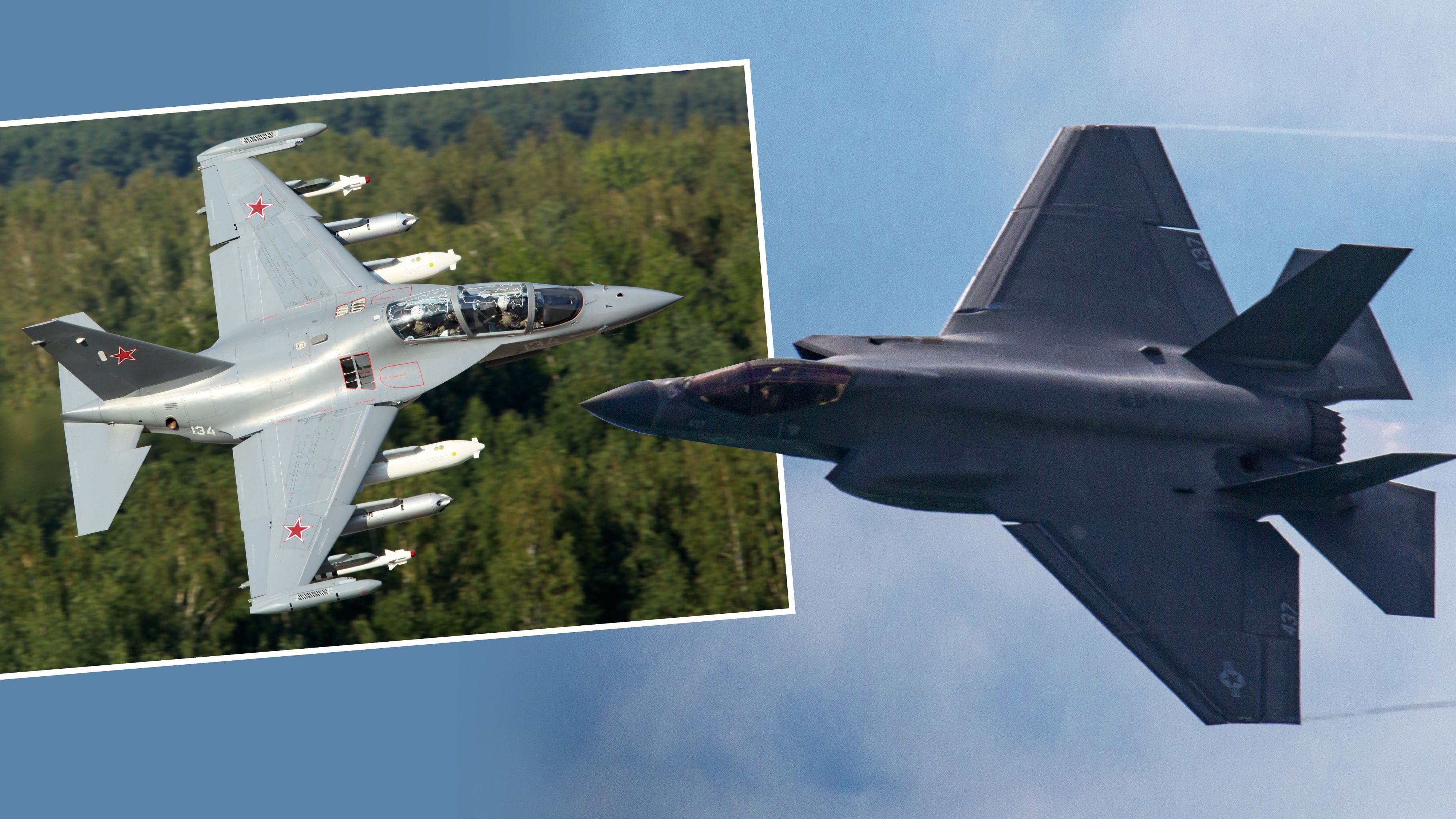 Eine F-35I der israelischen Luftwaffe (r.) ging erfolgreich aus einem Luftkampf mit einer Yak-130 der Islamischen Republik Iran hervor (l.)