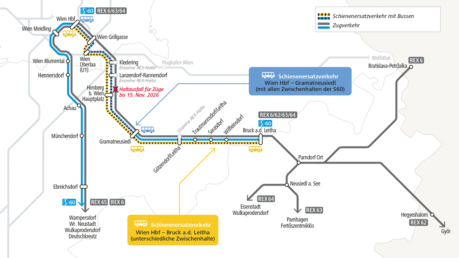 Im Zuge der Modernisierung des Bahnhofes Himberg kommt es vom 8. März bis 21. Juni zu Fahrplanänderungen und Zugausfällen in der Ostregion.