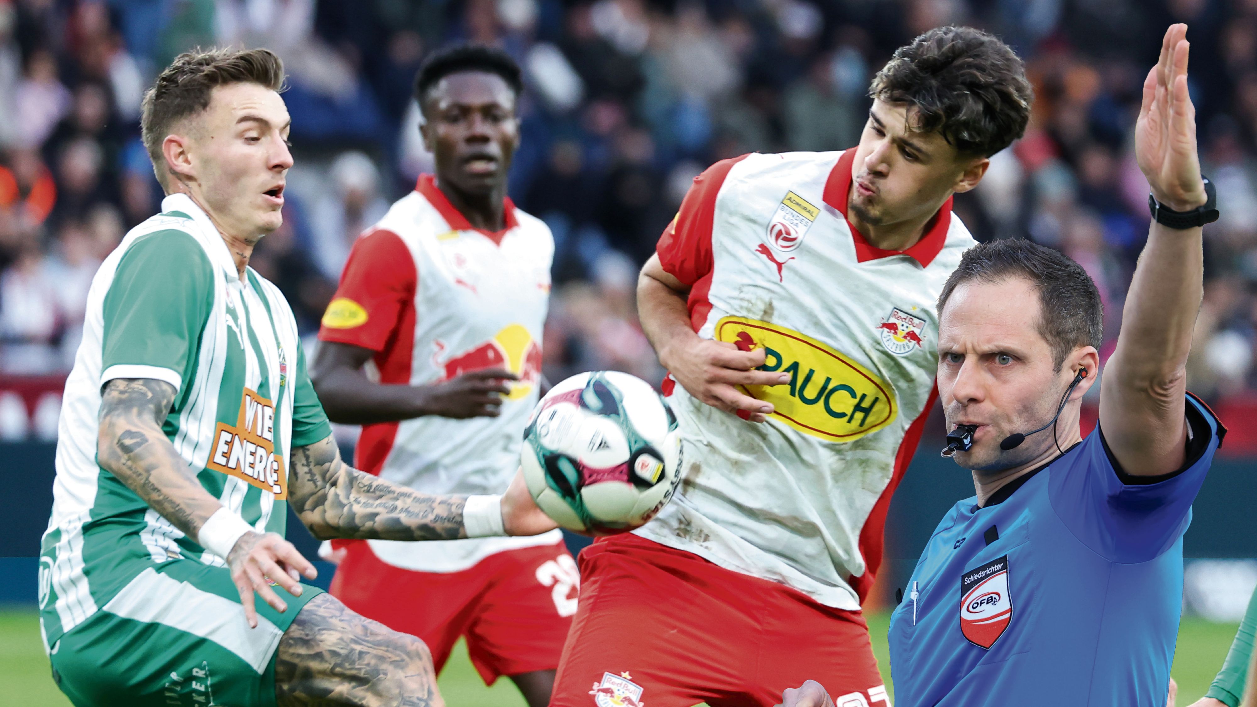 Harald Lechner (r.) pfeift den Hit Rapid gegen Salzburg.