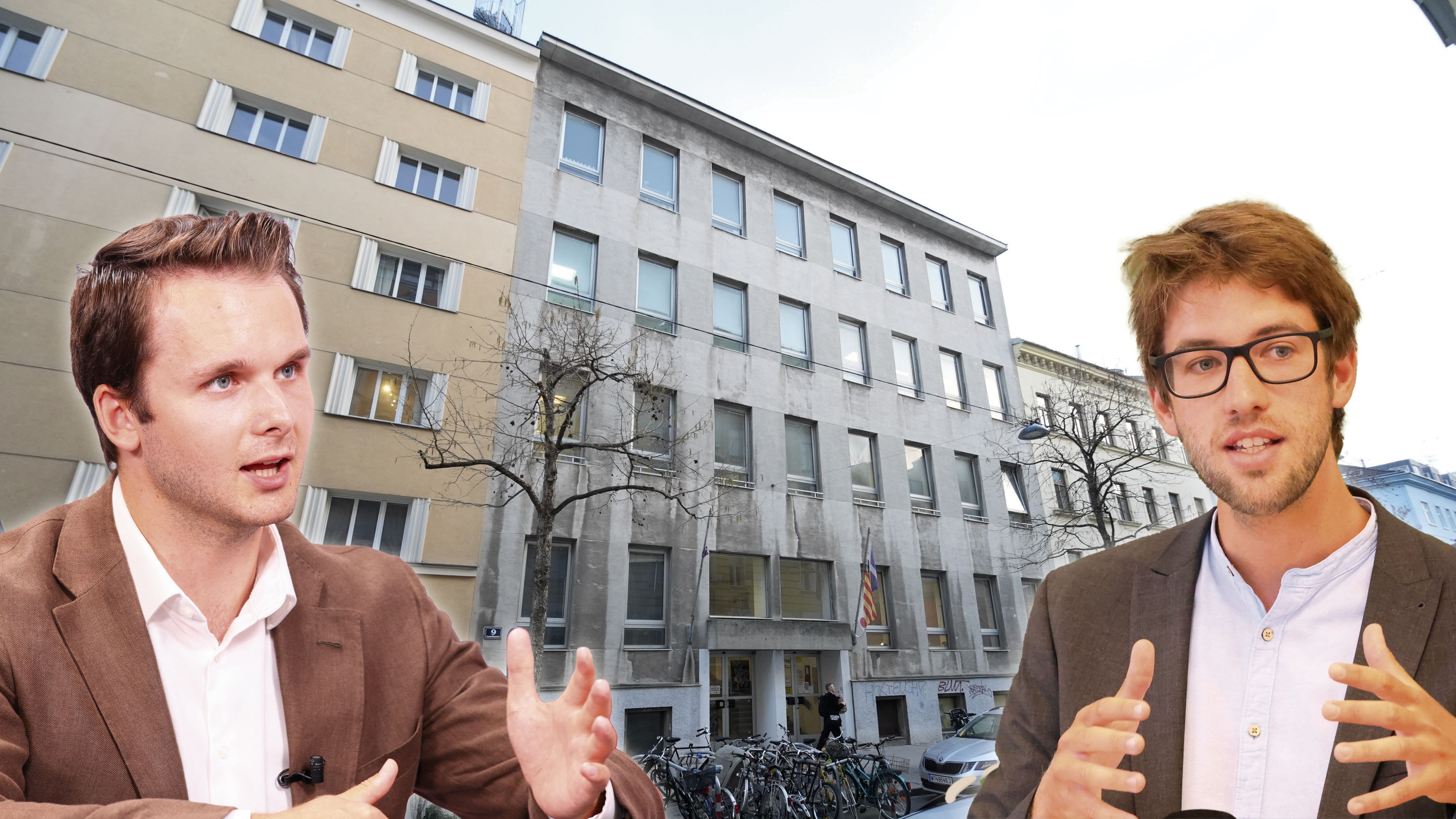 Harald Zierfuß (ÖVP) und Felix Stadler (Grüne) kritisieren die Verzögerungen des Schulstandortes Castelligasse (v.l.).