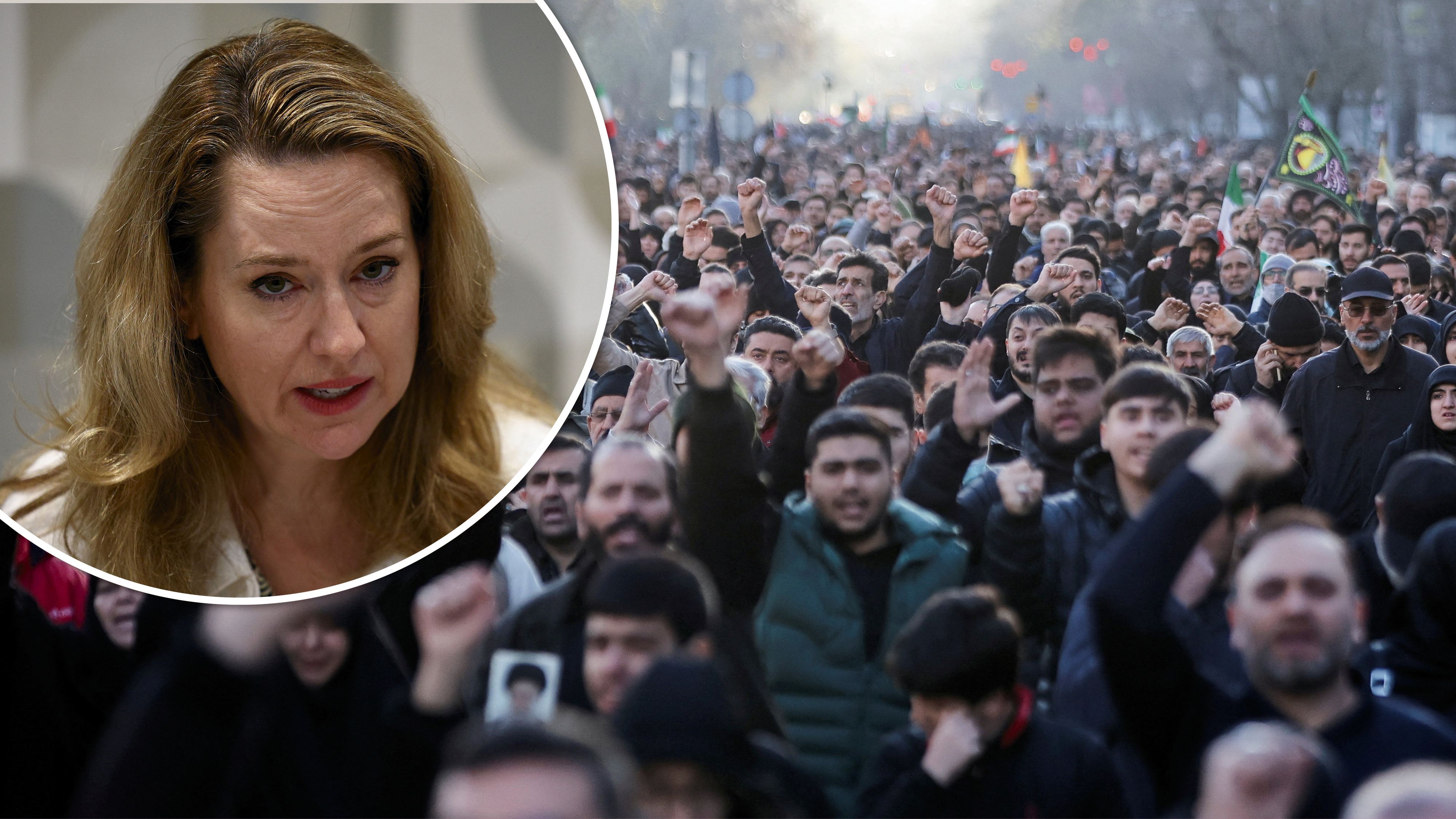 Regime-Befürworter bei einer Solidaritätskundgebung am 1. März in Teheran nach dem Tod von Ayatollah Khamenei, IOM-Chefin Amy Pope.