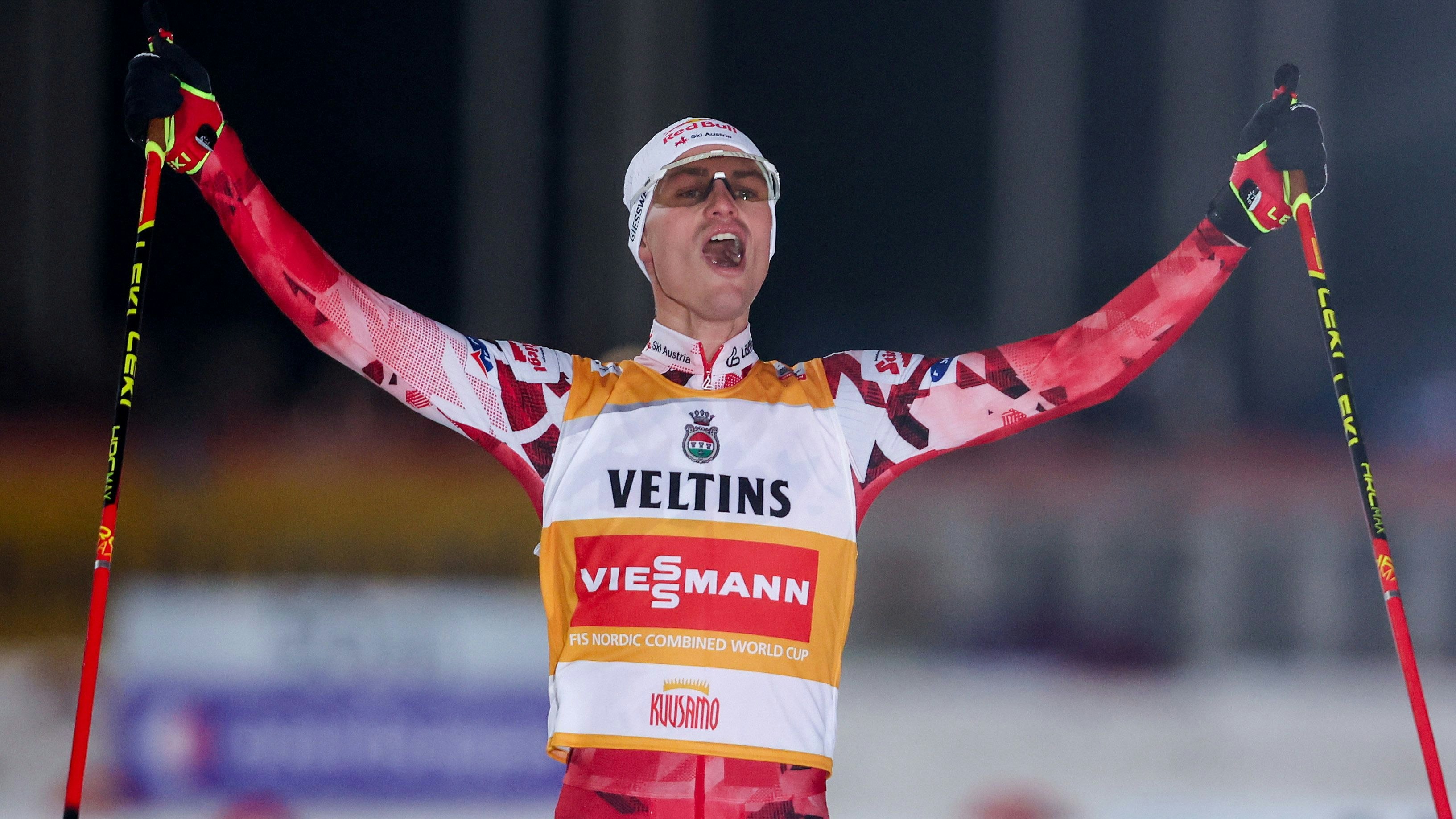 KUUSAMO,FINLAND,29.NOV.25 - NORDIC SKIING, NORDIC COMBINED, CROSS COUNTRY - FIS World Cup, Nordic Opening, 10km Gundersen, men. Image shows the rejoicing of Johannes Lamparter (AUT). Photo: GEPA pictures/ Harald Steiner
