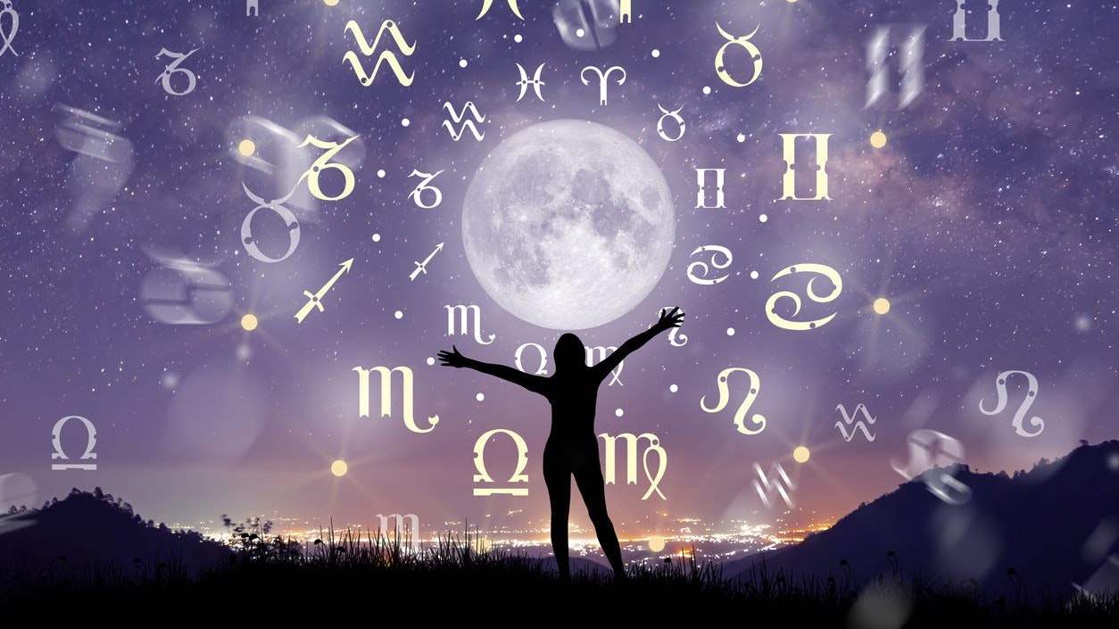Astrological zodiac signs inside of horoscope circle. Illustration of Woman silhouette consulting the stars and moon over the zodiac wheel and milky way background. The power of the universe concept.