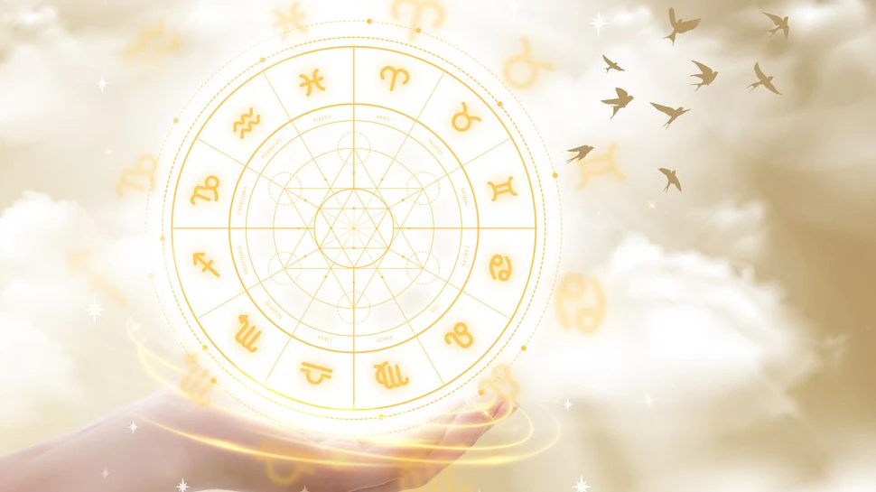 Human predicts the future. Zodiac sign wheel of fortune hologram with mandala inside. Deep green and life graph background. Copy space.