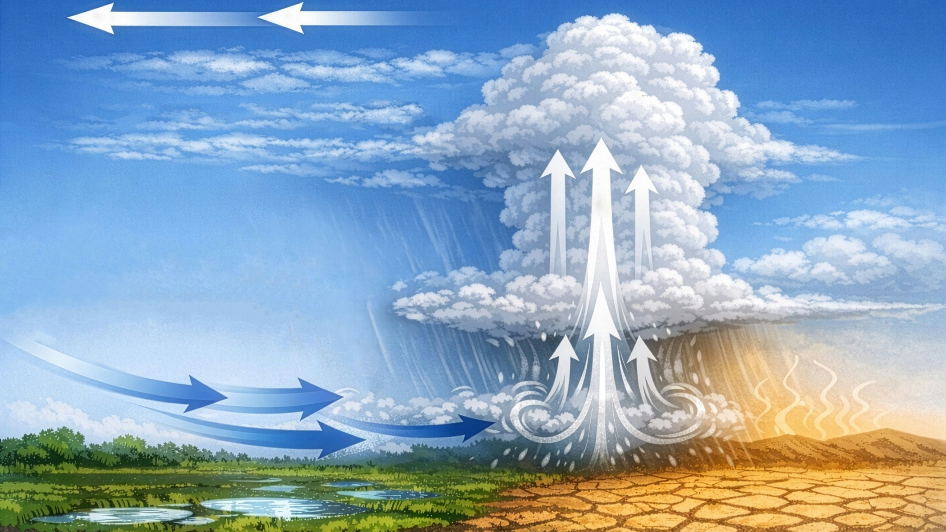 Gewitterzellen wachsen bevorzugt dort besonders rasch und heftig, wo Unterschiede in der Bodenfeuchte zu bodennahem Wind führen und der Wind in größerer Höhe in die Gegenrichtung bläst.