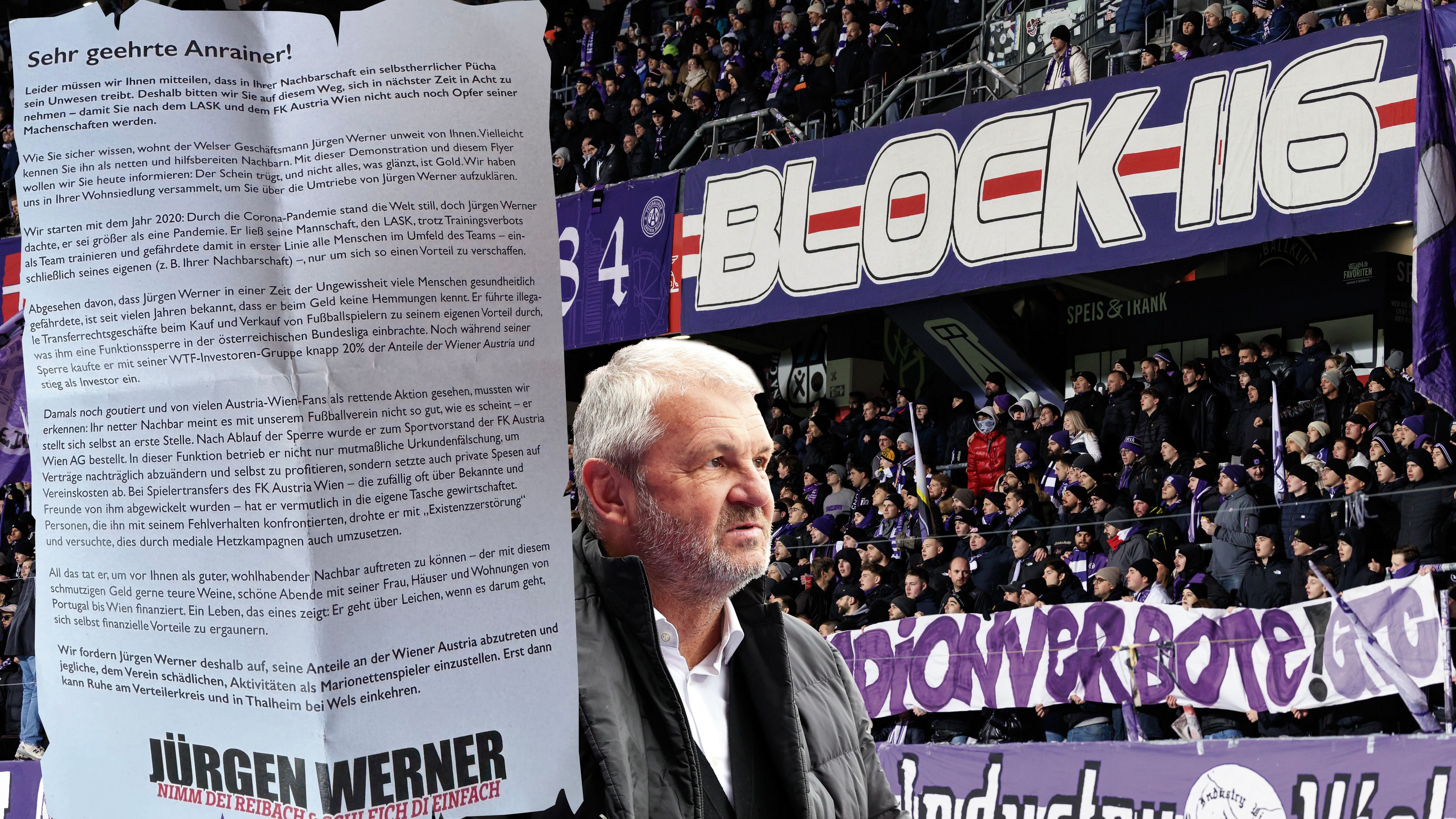 Austria-Fans demonstrieren in einem offenen Brief gegen Ex-Sportvorstand Jürgen Werner.