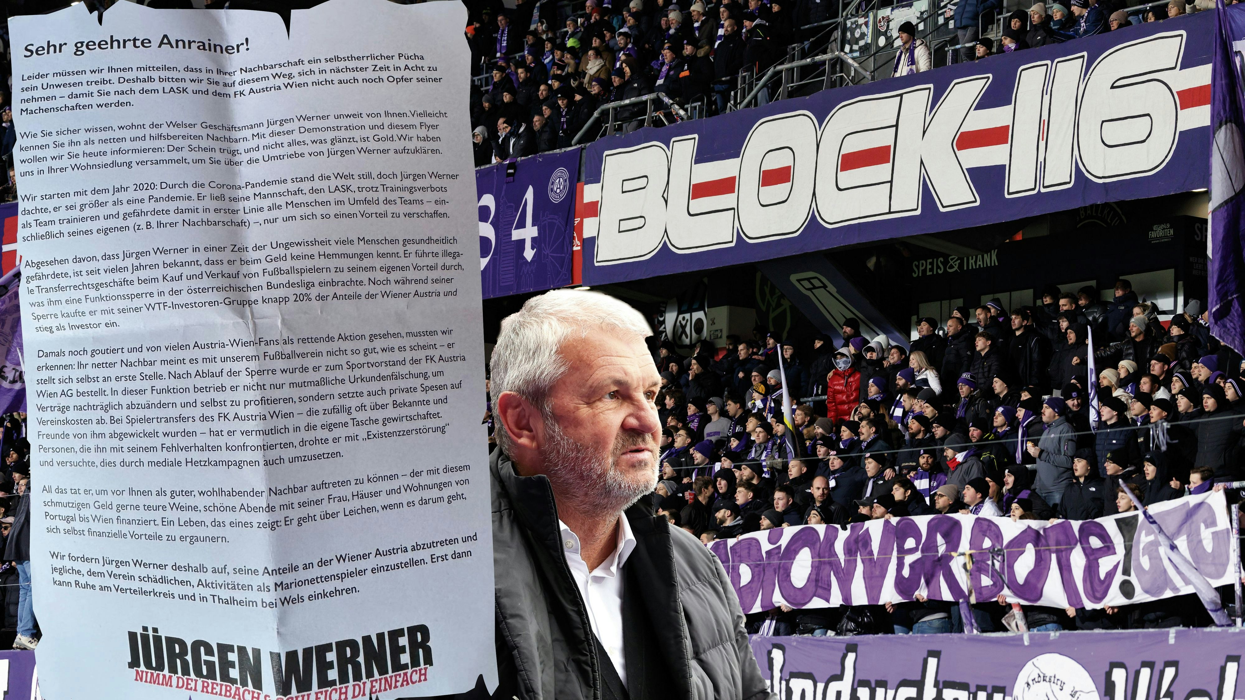Austria-Fans demonstrieren in einem offenen Brief gegen Ex-Sportvorstand Jürgen Werner.