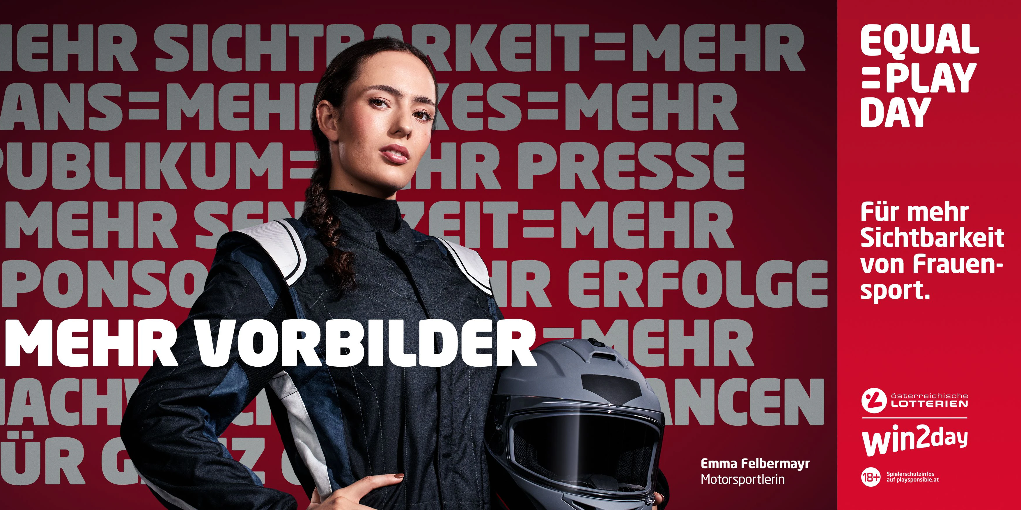 Emma Felbermayr (Motorsportlerin) in der diesjährigen Equal Play Kampagne von LWND, Tobias Federsel & The Odd, PPM Next sowie dentsu und win2day.  