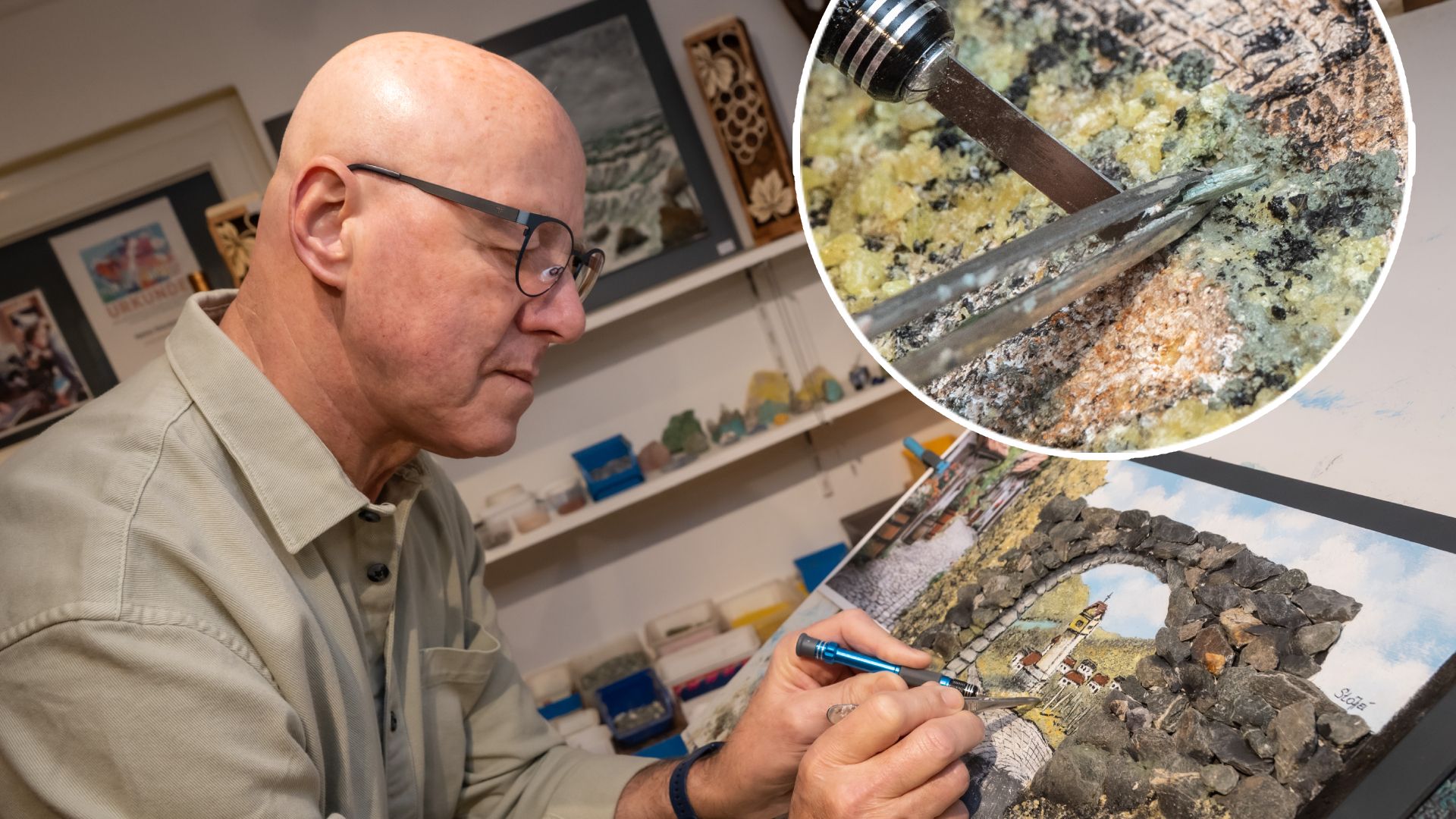 Mit Pinzette und viel Geduld: Künstler Heinz Stockinger (70) setzt seine Werke Stein für Stein zusammen.