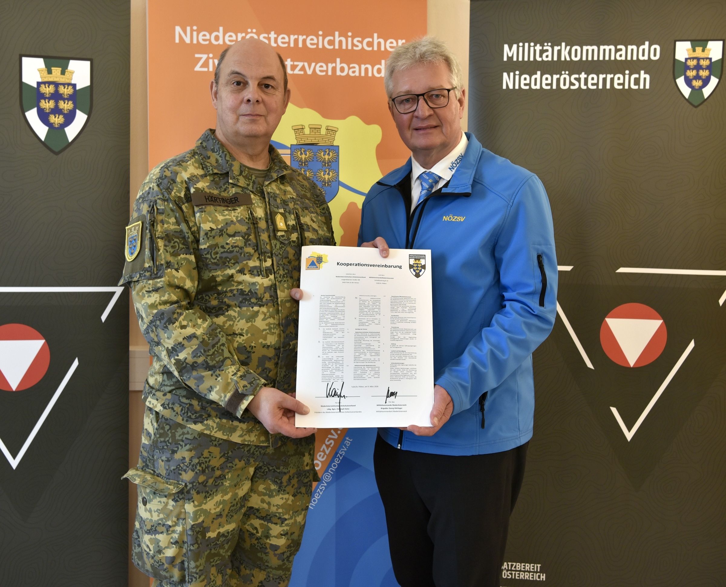 Das Militärkommando Niederösterreich und der Niederösterreichische Zivilschutzverband haben am Montag, 9. März 2026, eine Kooperationsvereinbarung unterzeichnet