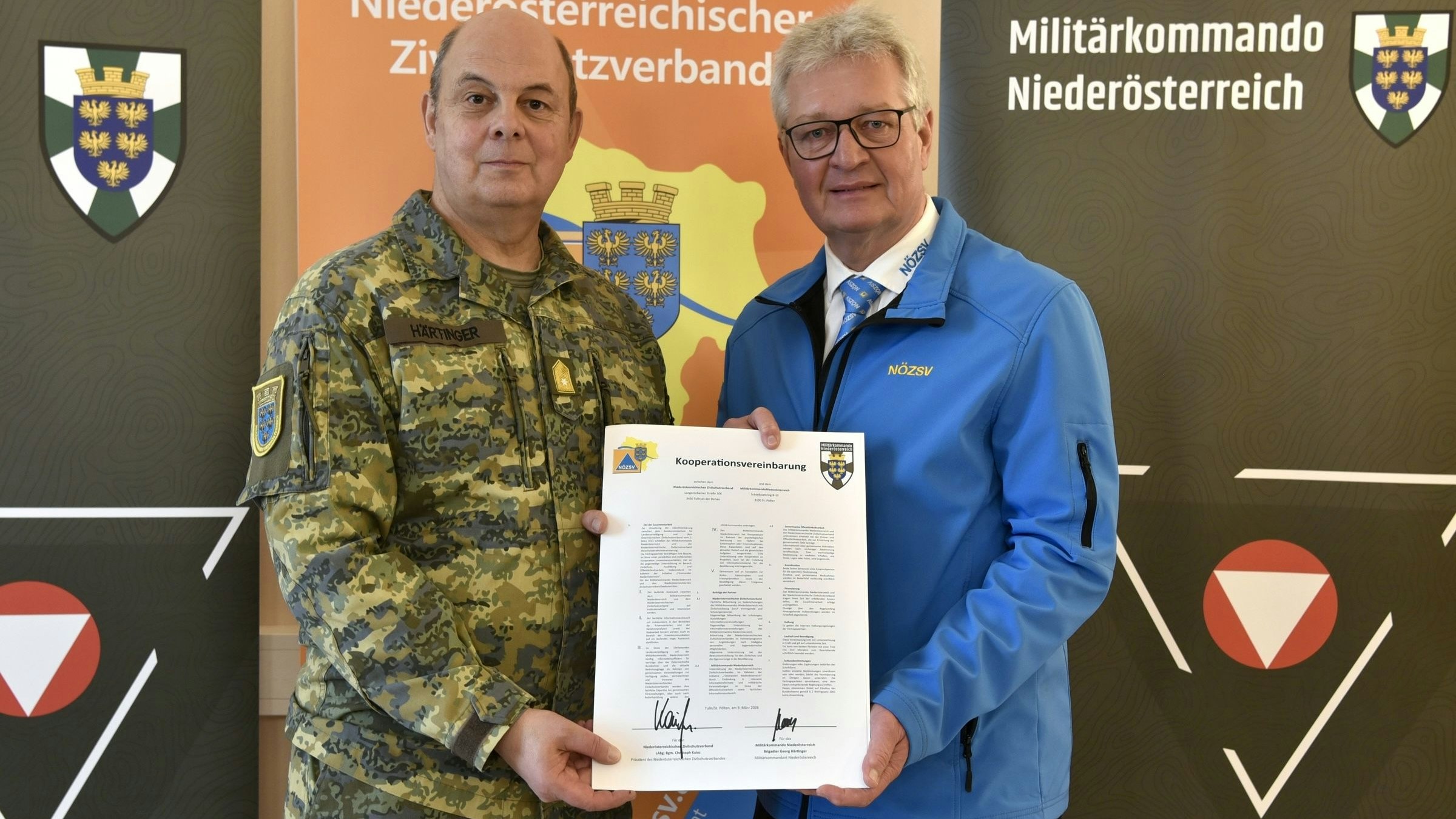 Das Militärkommando Niederösterreich und der Niederösterreichische Zivilschutzverband haben am Montag, 9. März 2026, eine Kooperationsvereinbarung unterzeichnet