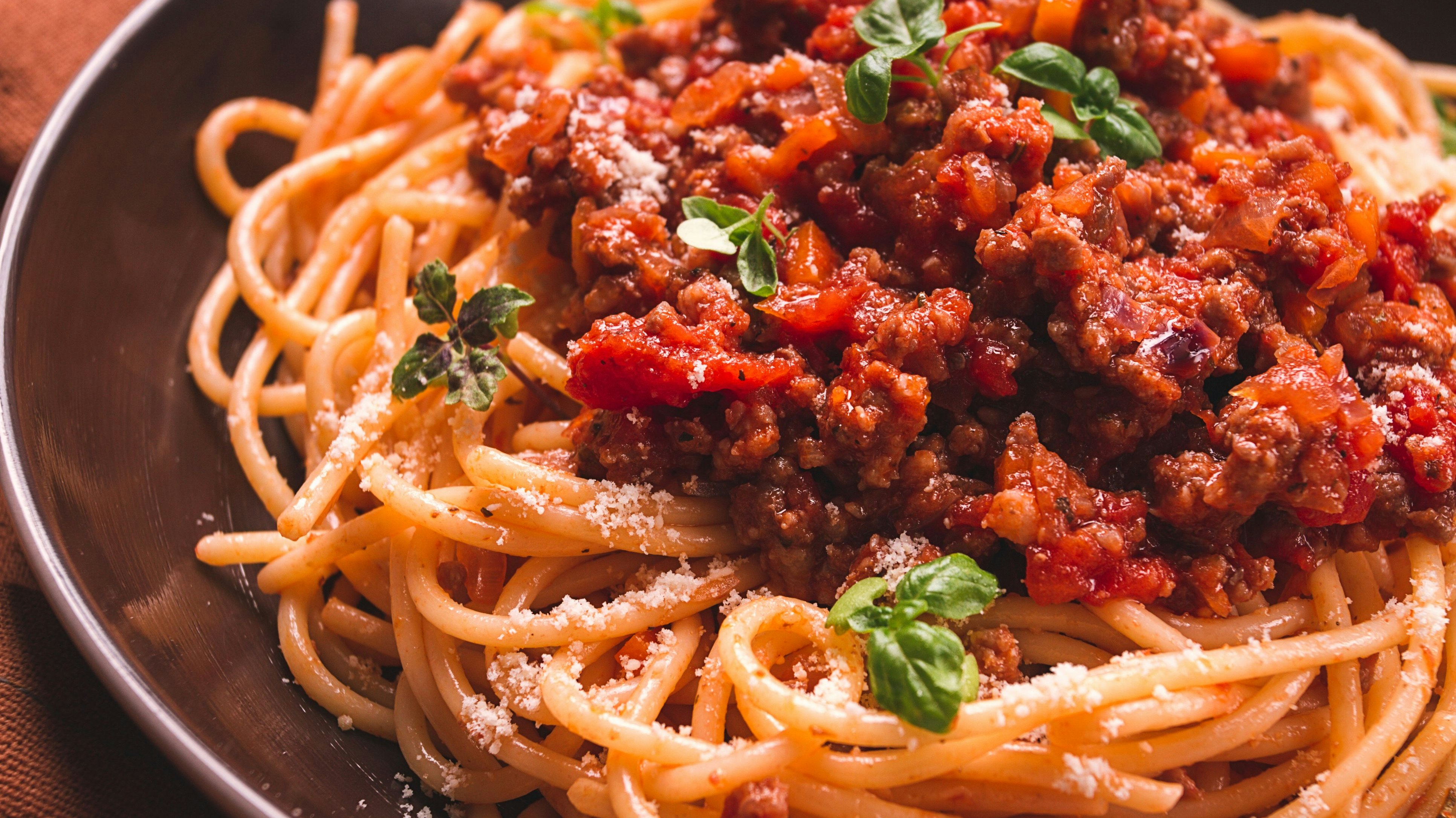 Spaghetti Bolognese, top view, close-up, no people, homemade,