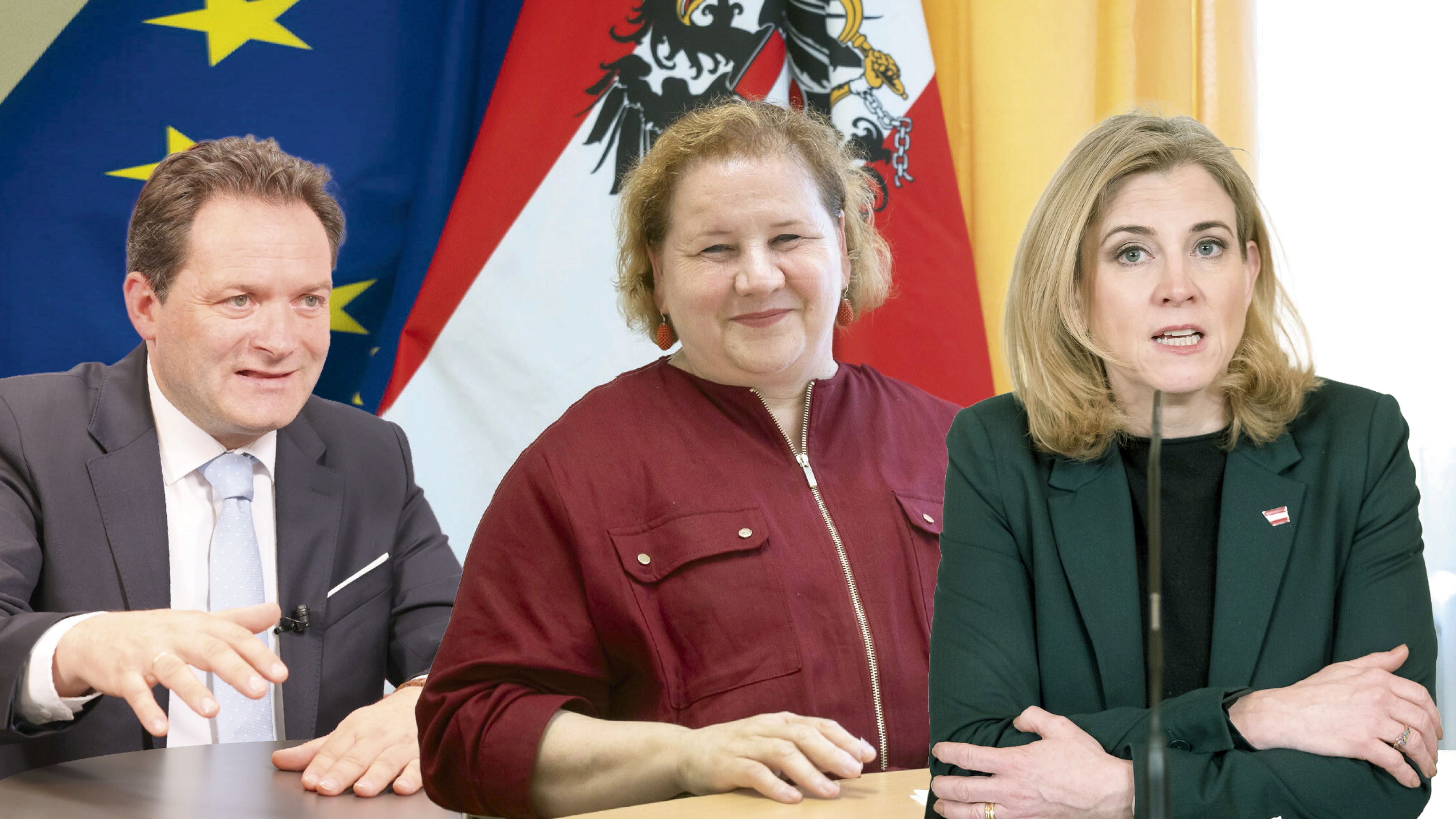 Landwirtschaftsminister Totschnig gab 237.000 Euro für Agenturen aus, Sozialministerin Schumann (M.) fast 65.000 Euro für Speis und Trank und Außenministerin Meinl-Reisinger fast eine halbe Million Euro aus ihrem Werbebudget.