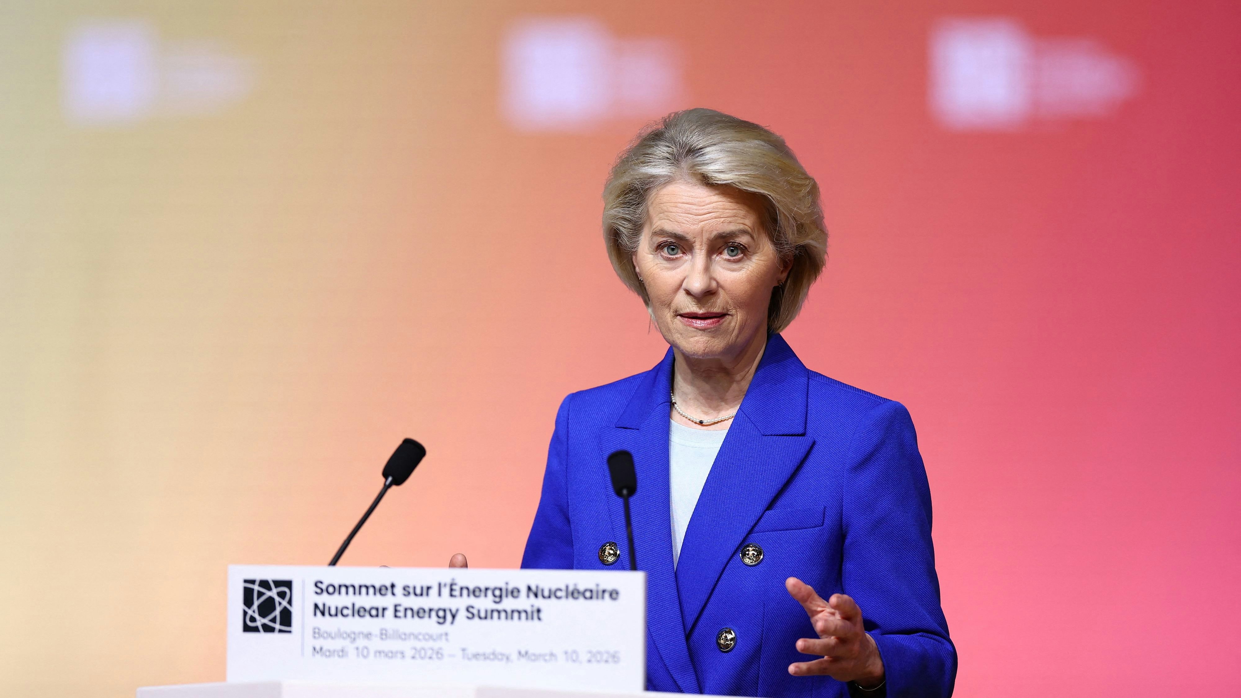European Commission President Ursula von der Leyen delivers a speech during the opening plenary session at the IAEA Nuclear Energy Summit in Paris, France, March 10, 2026. REUTERS/Abdul Saboor/Pool