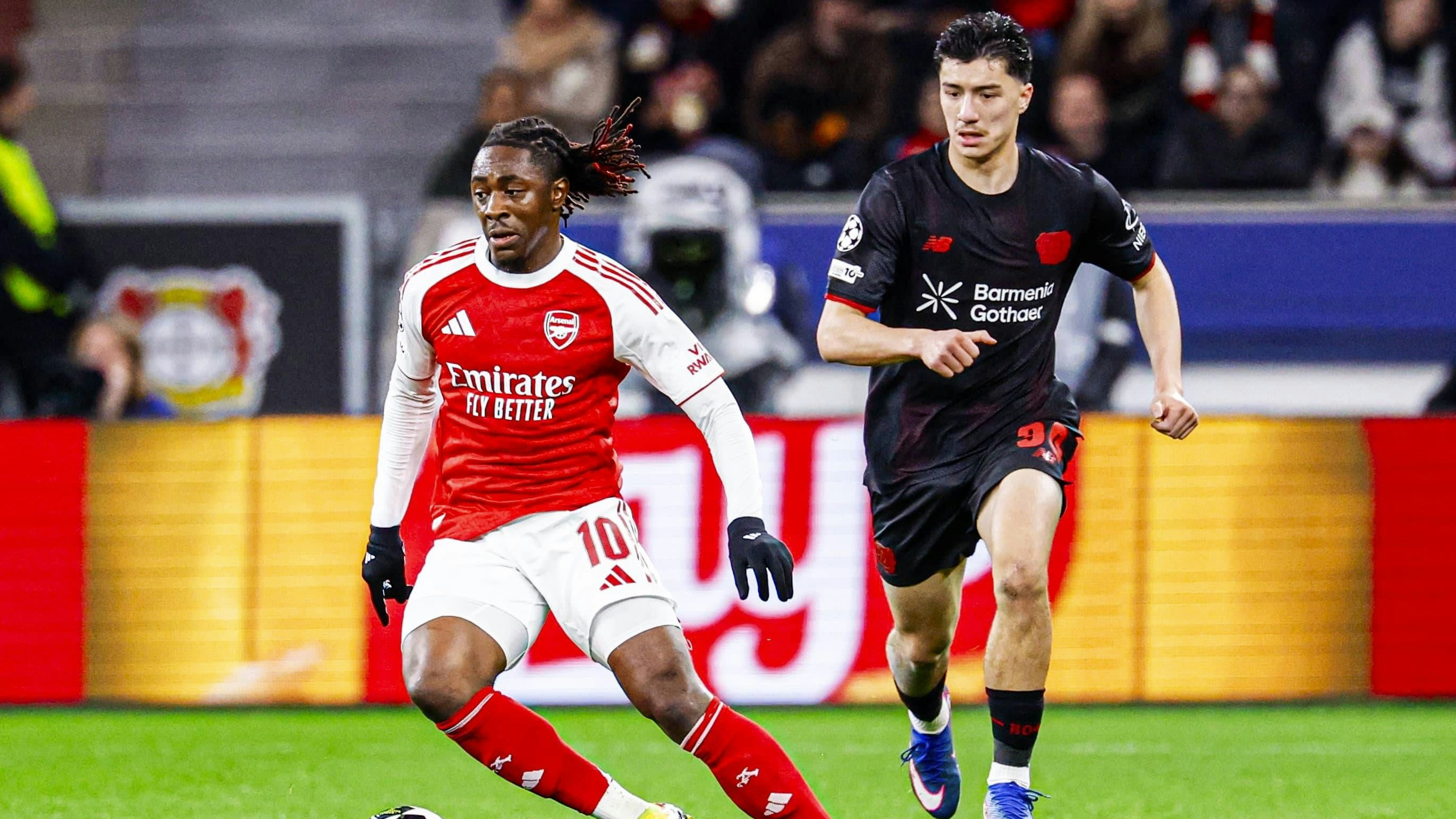 Eberechi Eze of Arsenal FC runs with the ball Bayer 04 Leverkusen v Arsenal FC, UEFA Champions League 2025/26 Round of 16 First Leg, Bayer 04 Leverkusen v Arsenal FC, BayArena, March 11, 2026, Leverkusen, Germany.