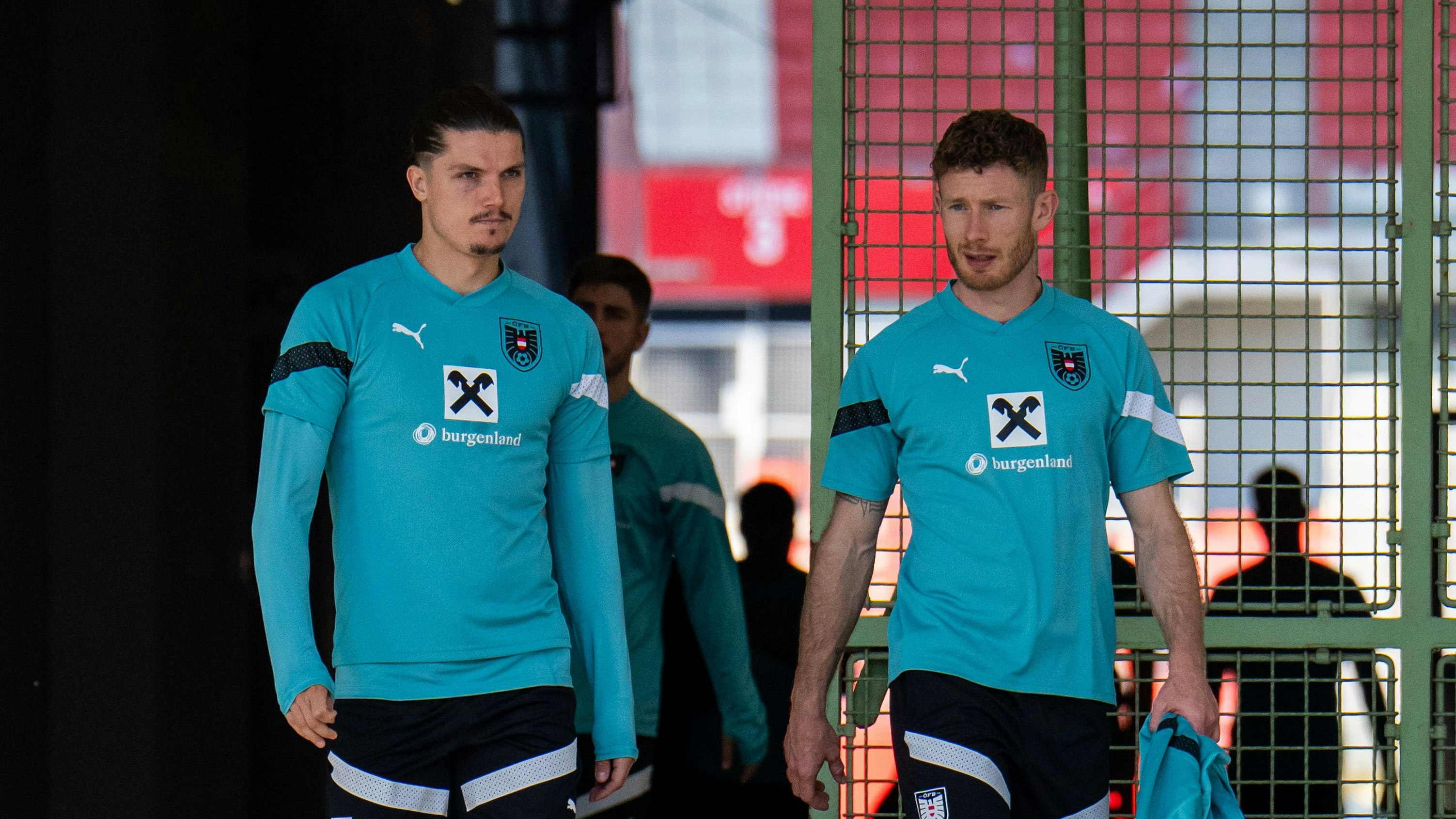 VIENNA,AUSTRIA,14.OCT.23 - SOCCER - European Qualifiers 2024, OEFB international match, Azerbaijan vs Austria, preview, training team AUT. Image shows Marcel Sabitzer and Florian Kainz (AUT). Photo: GEPA pictures/ Edgar Eisner