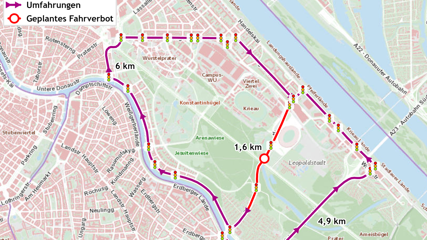 Darstellung des Umweges durch die Sperre der Stadionallee.