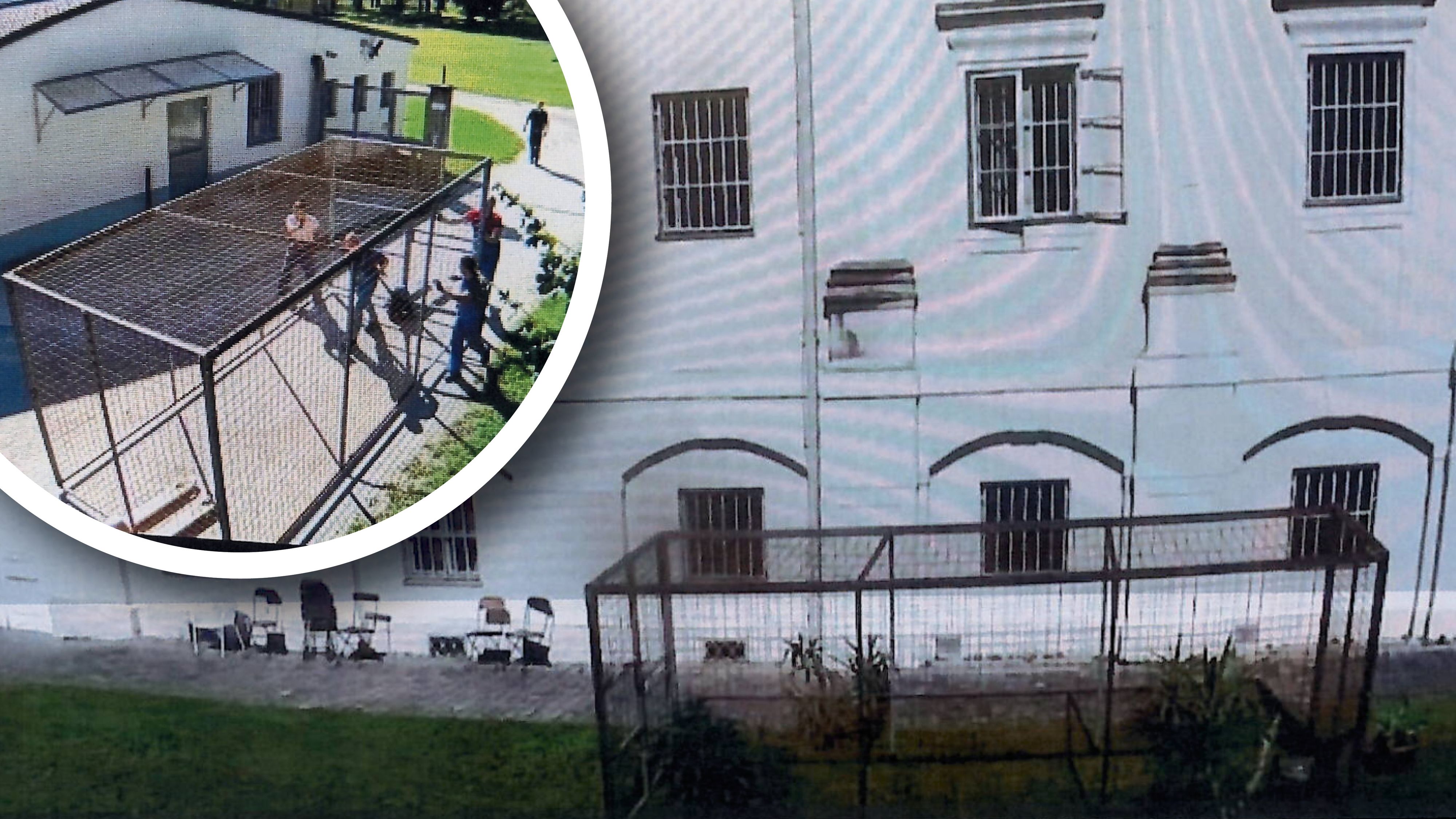 Bilder zeigen den Käfig, der in einer niederösterreichischen Justizanstalt aufgestellt wurde.