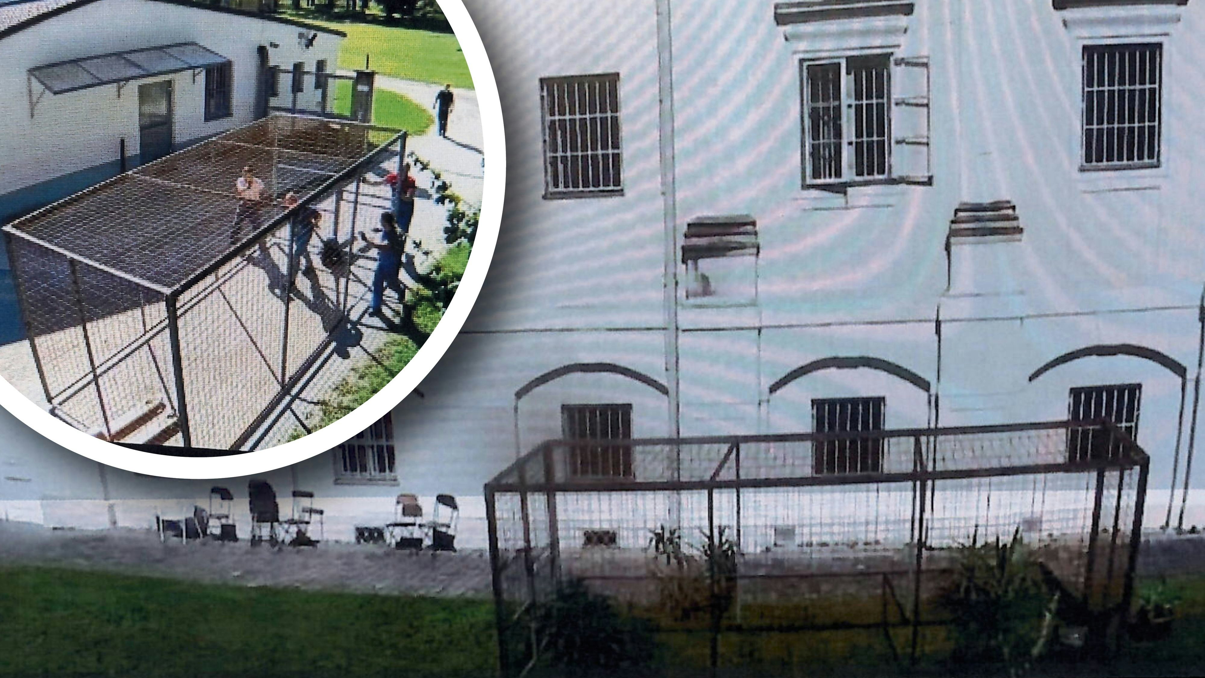 Bilder zeigen den Käfig, der in einer niederösterreichischen Justizanstalt aufgestellt wurde.