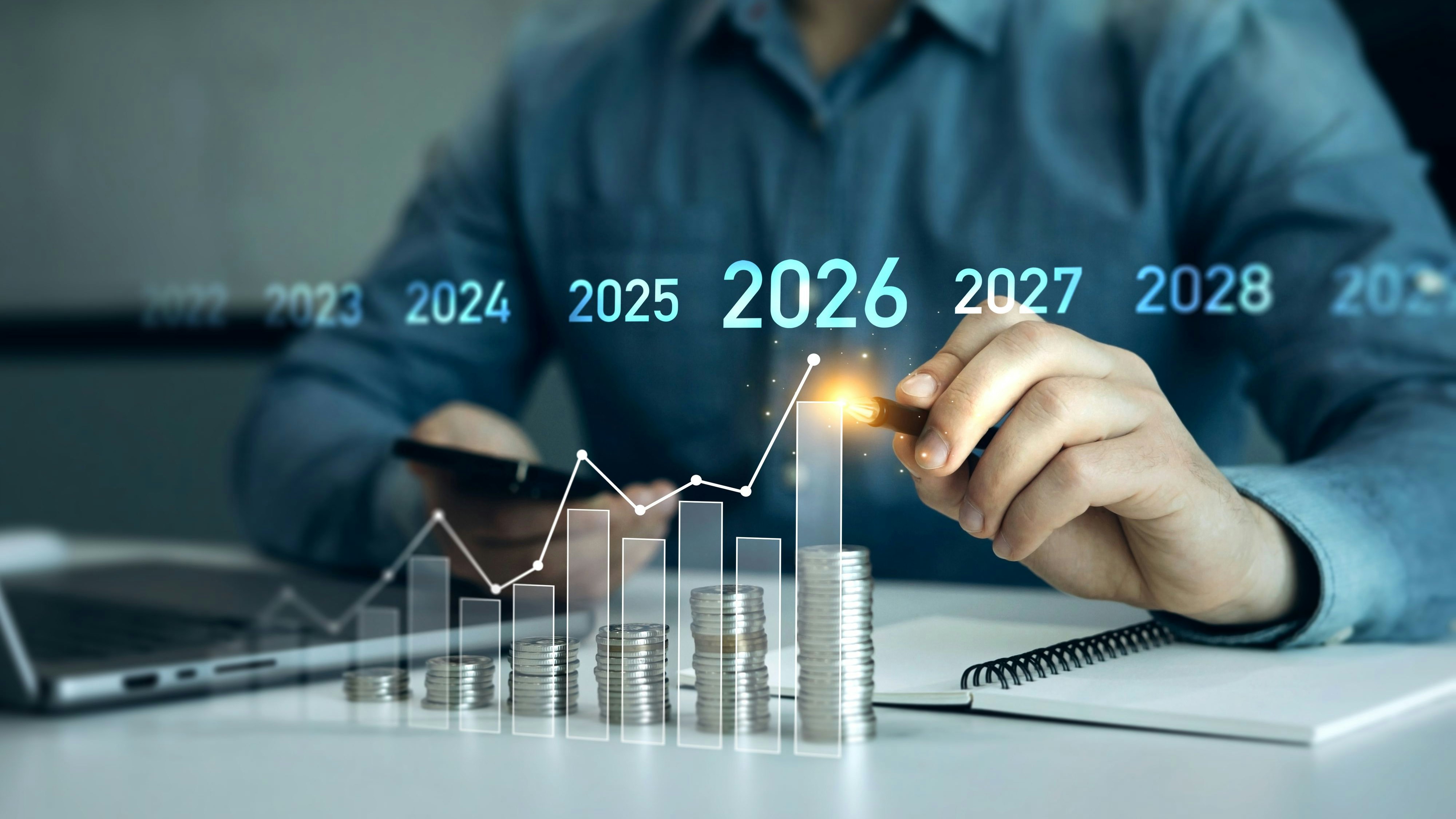Increase chart arrow graph corporate business future growth new year 2026. New opportunity, challenge and strategy in 2026. New plans,goals and visions in business for new year 2026