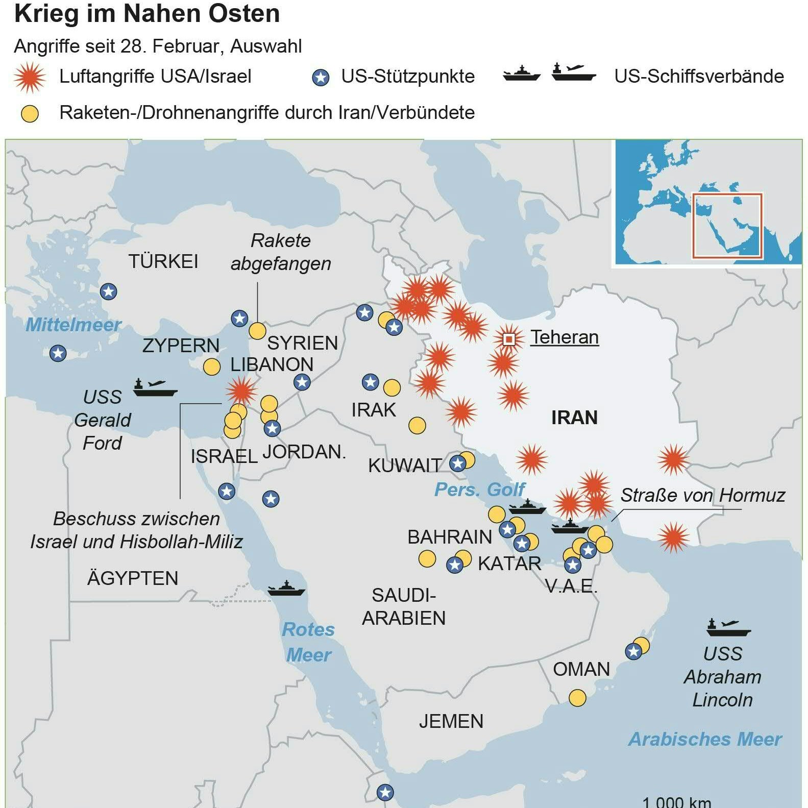 Karte: Angriffe USA und Israel sowie Gegenschläge durch Iran und Verbündete.