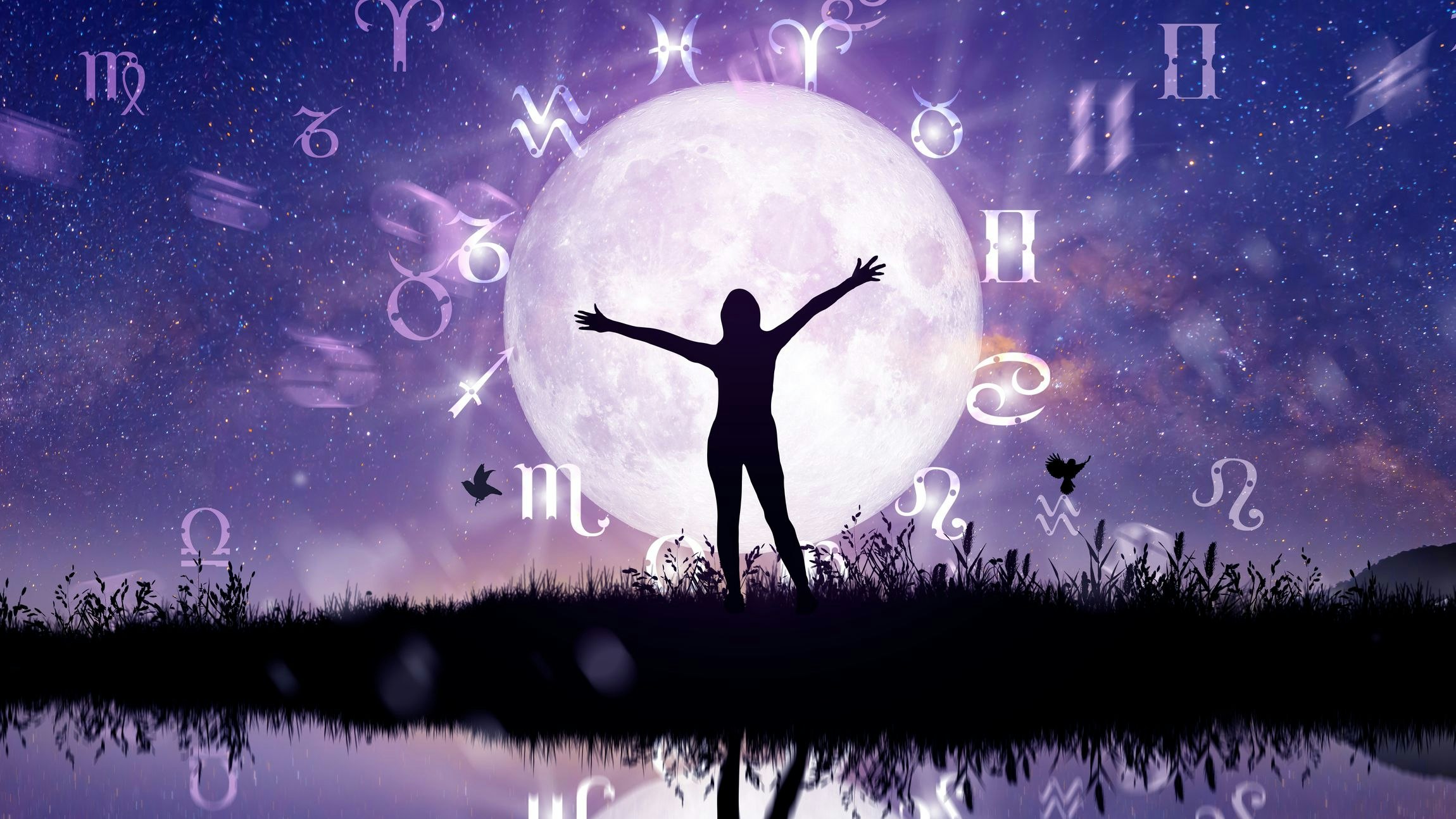 Astrological zodiac signs inside of horoscope circle. Illustration of Woman silhouette consulting the stars and moon over the zodiac wheel and milky way background. The power of the universe concept.