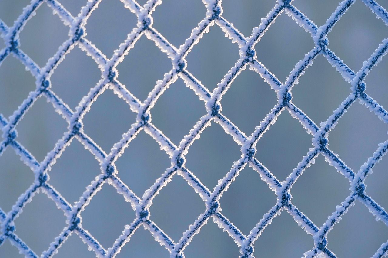 Vereister Metallzaun bei Sonnenaufgang