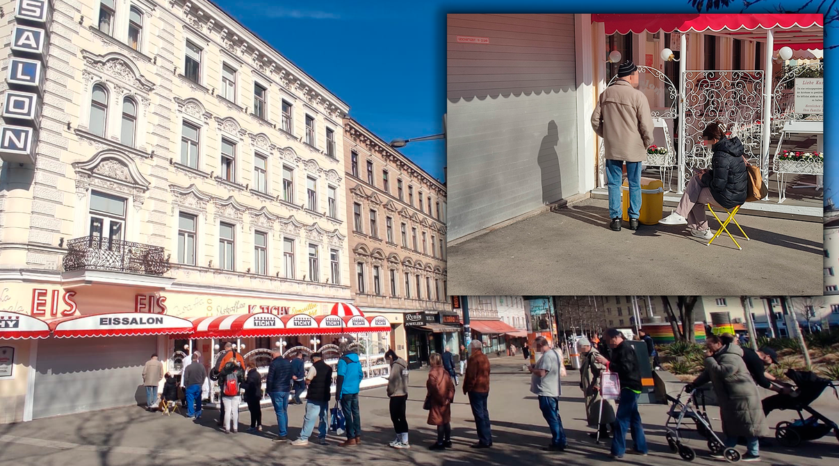 Einige setzten sich in der Schlange auf ihre eigenen Campingstühle.