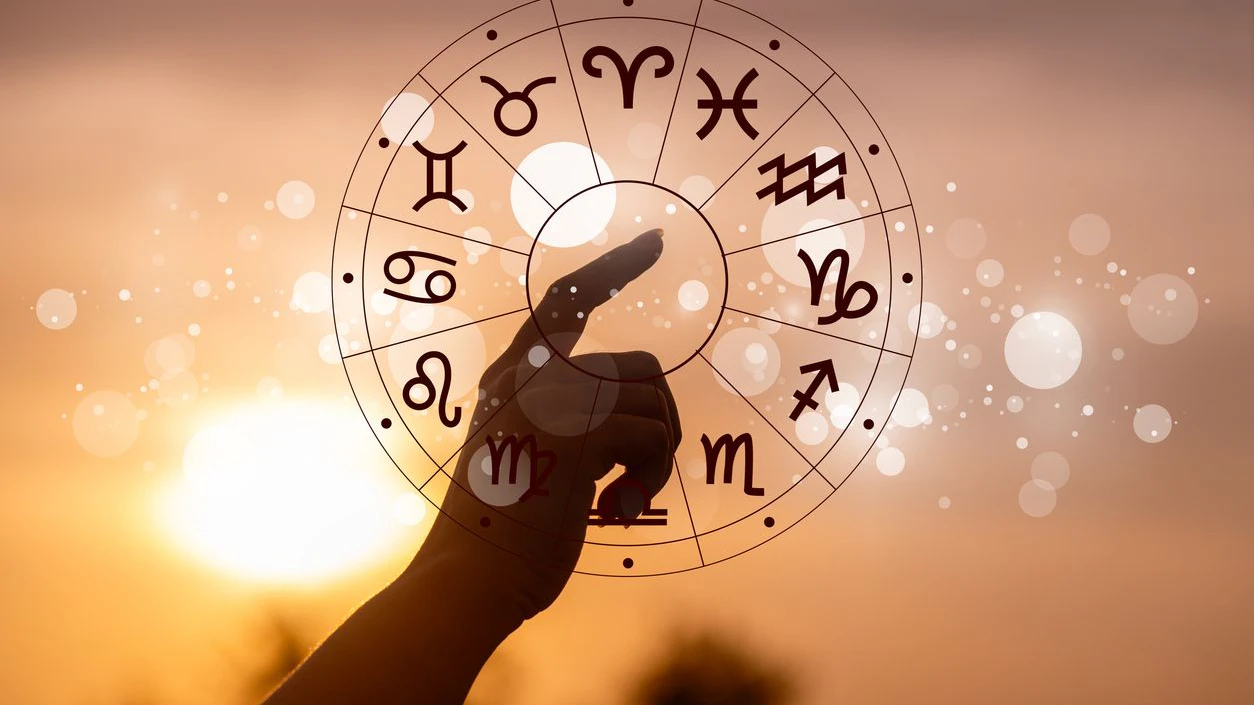 Zodiac signs, astrology and horoscopes concepts. Zodiac signs inside of horoscope circle. Astrology in the sky with many stars and moons astrology and horoscopes concept