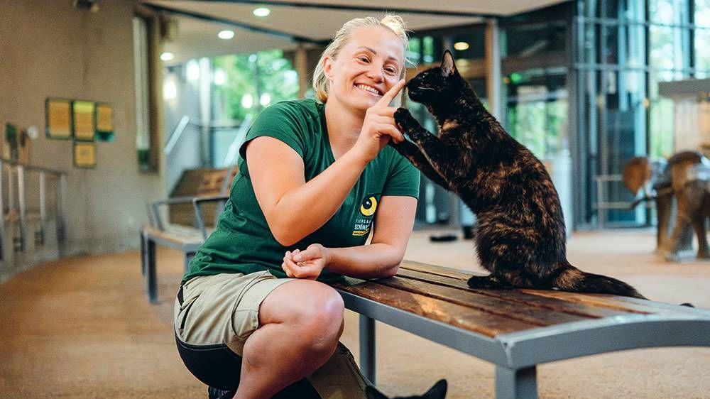 Tierpflegerin Jenny mit ihren tierischen Katzen-Kollegen.