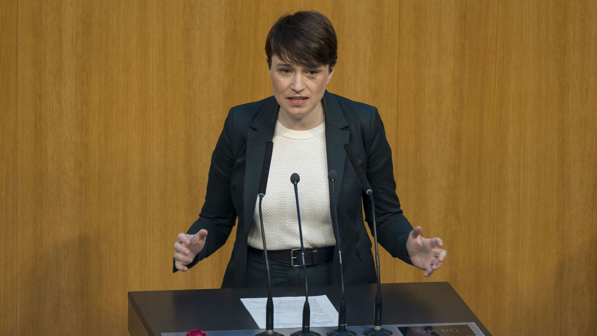 Grünen-Klubchefin Sigrid Maurer bei einer Rede im Nationalrat. Archivbild.