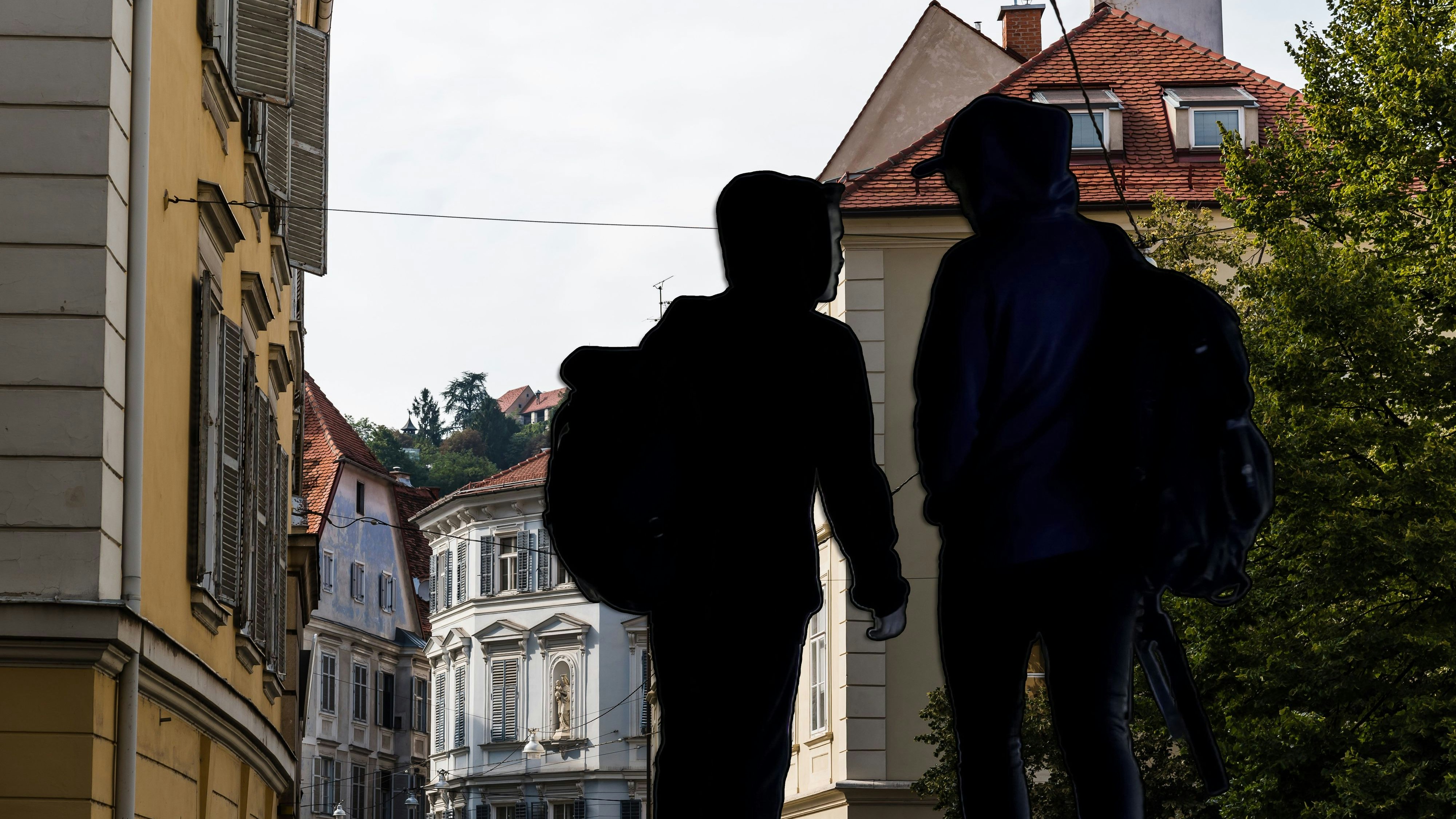 Graz, Austria - August 11, 2017: Low angle view of old buildings in historical city center of Graz