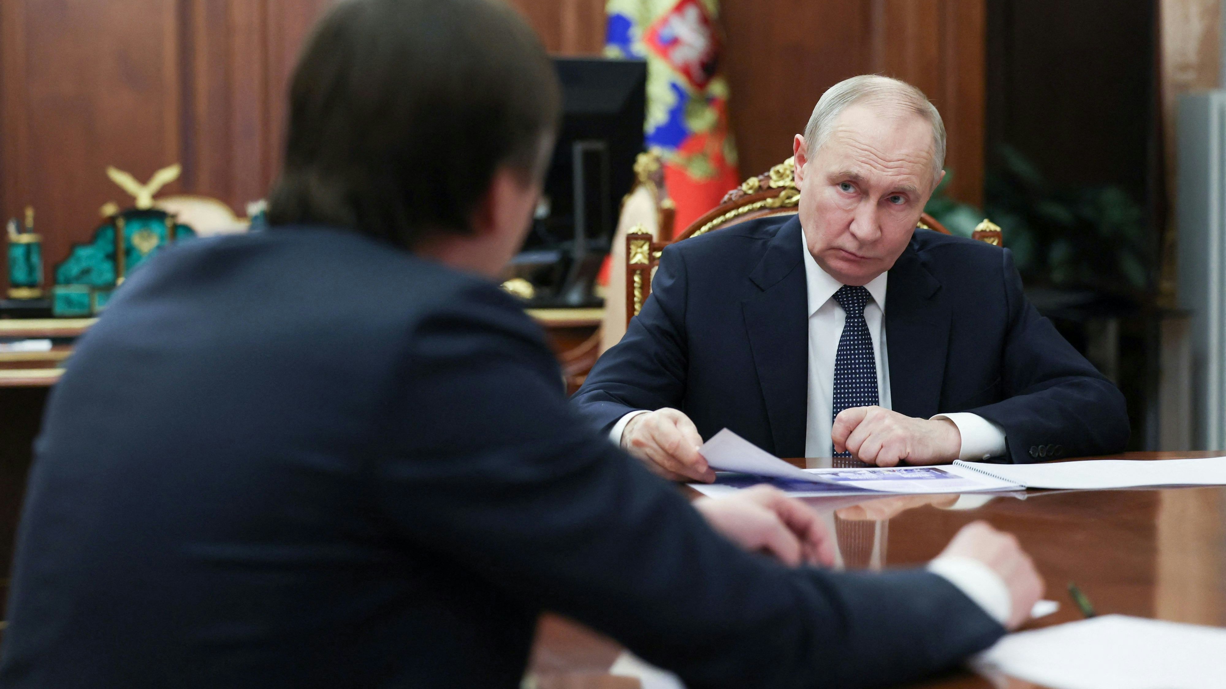 Russian President Vladimir Putin attends a meeting with Minister of Education Sergei Kravtsov in Moscow, Russia, March 11, 2026. Sputnik/Gavriil Grigorov/Pool via REUTERS ATTENTION EDITORS - THIS IMAGE WAS PROVIDED BY A THIRD PARTY.