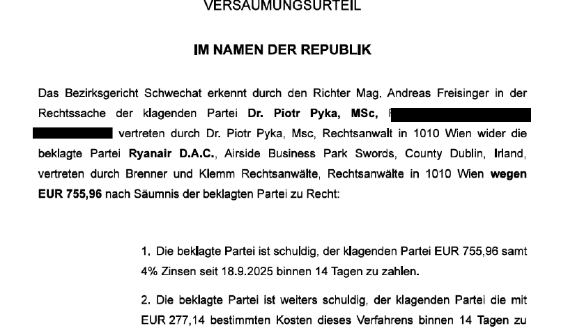 Das Versäumungsurteil des Bezirksgerichtes Schwechat