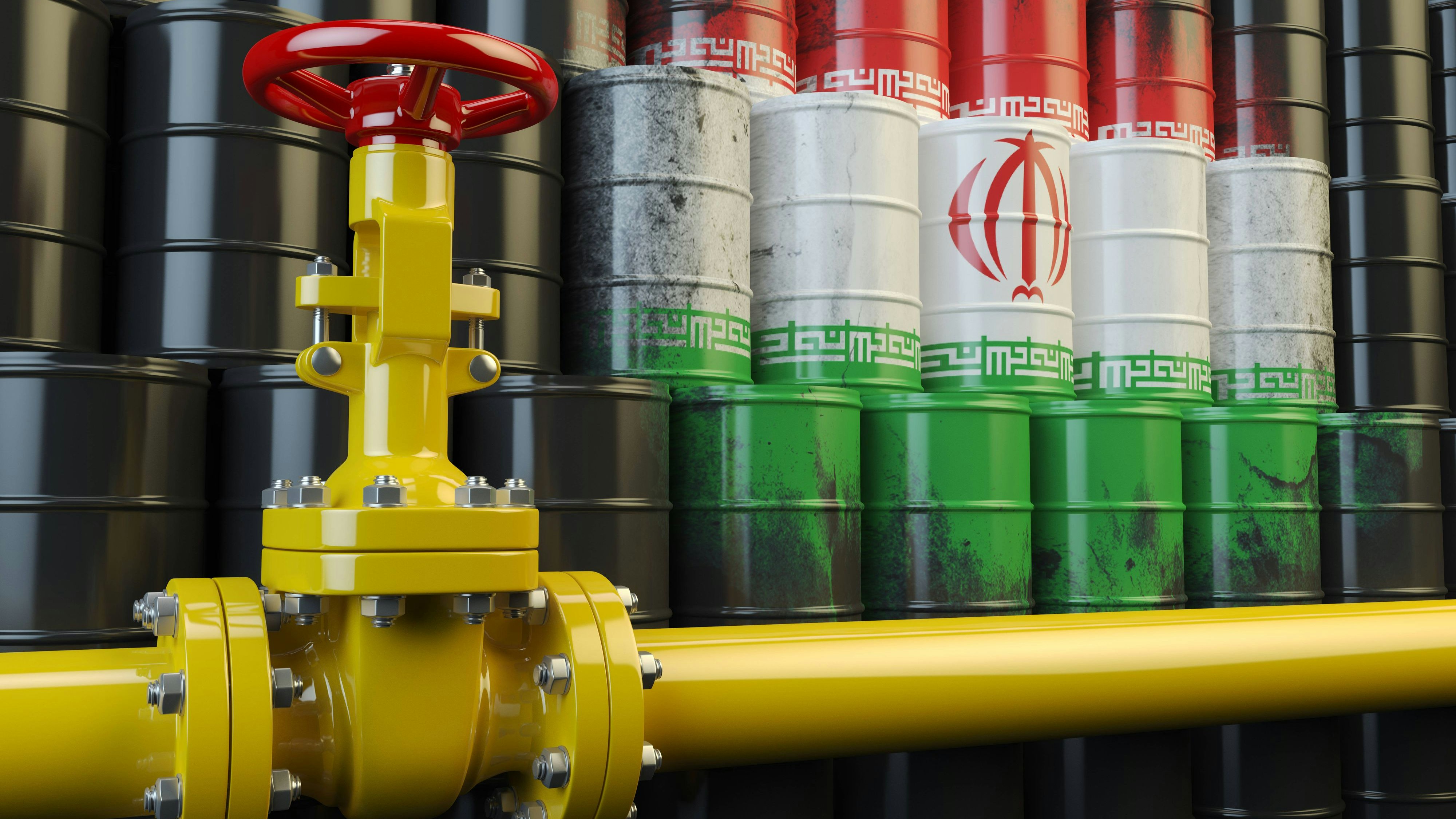 Oil pipe line valve in front of the Iranian flag on the oil barrels. Iranian gas and oil fuel energy concept. Oil pipe line valve in front of the Iranian flag on the oil barrels. Iranian gas and oil fuel energy concept. 3d illustration Copyright: xZoonar.com/MaksymxYemelyanovx 9053646