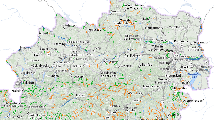 Grüne Linien: frei-fließende Flussabschnitte, orange: "Potenzialstrecken", blau: Wiederherstellung im Gange