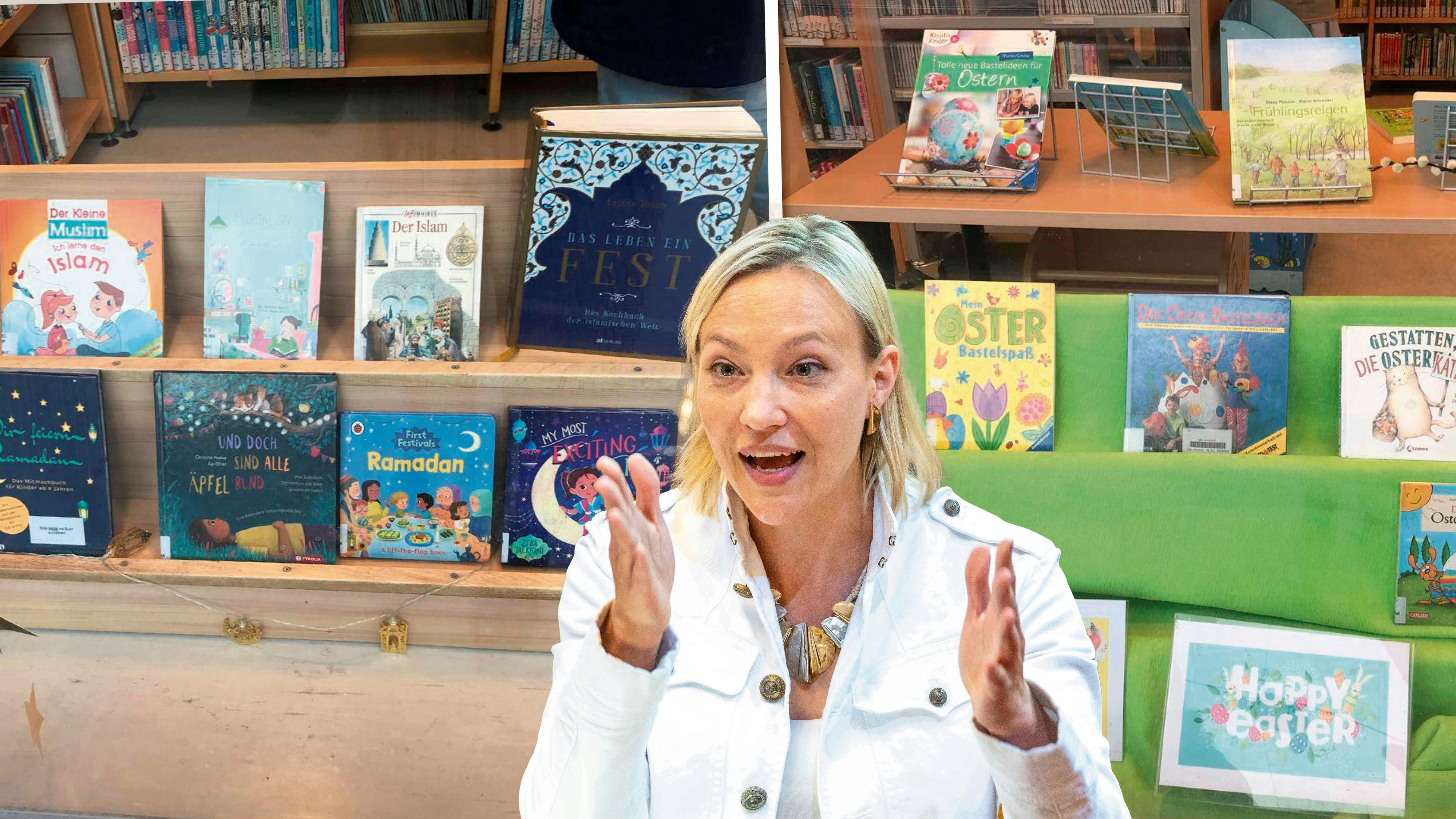 Caroline Hungerländer von der ÖVP-Wien kritisiert: Rechts wenig Osterangebot, links die Bücher zum Ramadan..