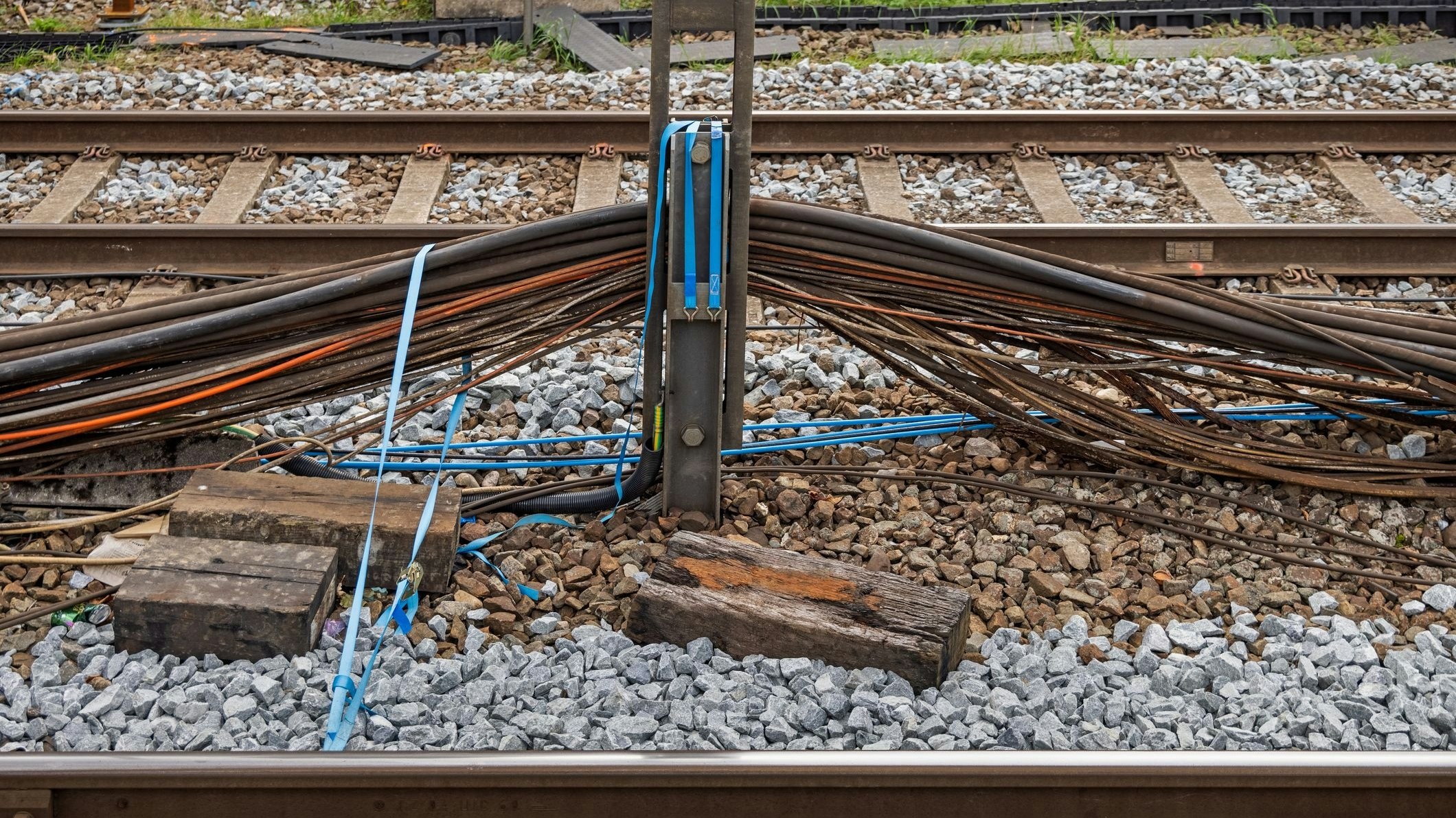 Cables beside a railroad track during maintenance work in Valby which is a suburb to Copenhagen
