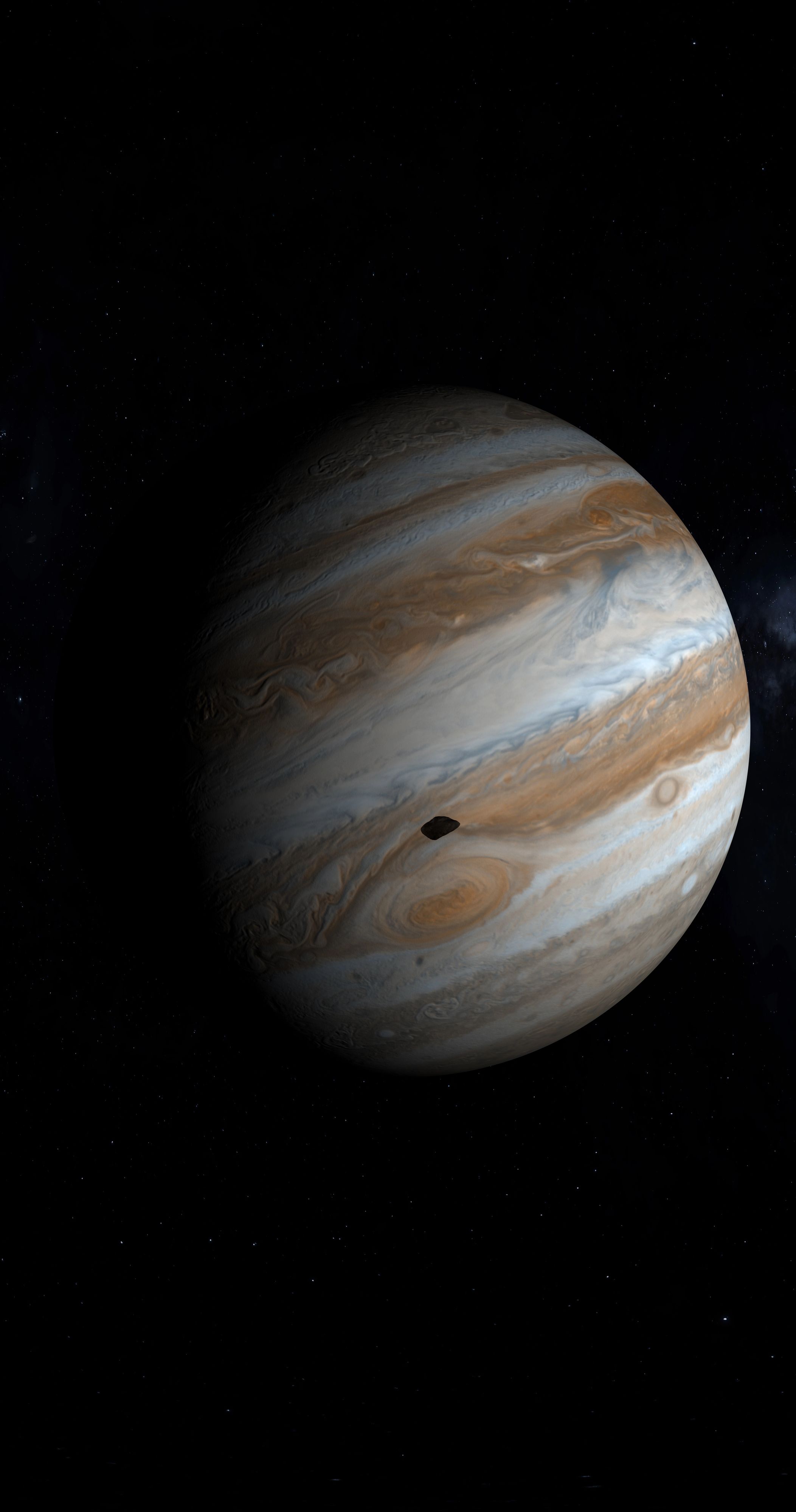 Jupiter und einer seiner vielen Monde in einer 3D-Grafik.